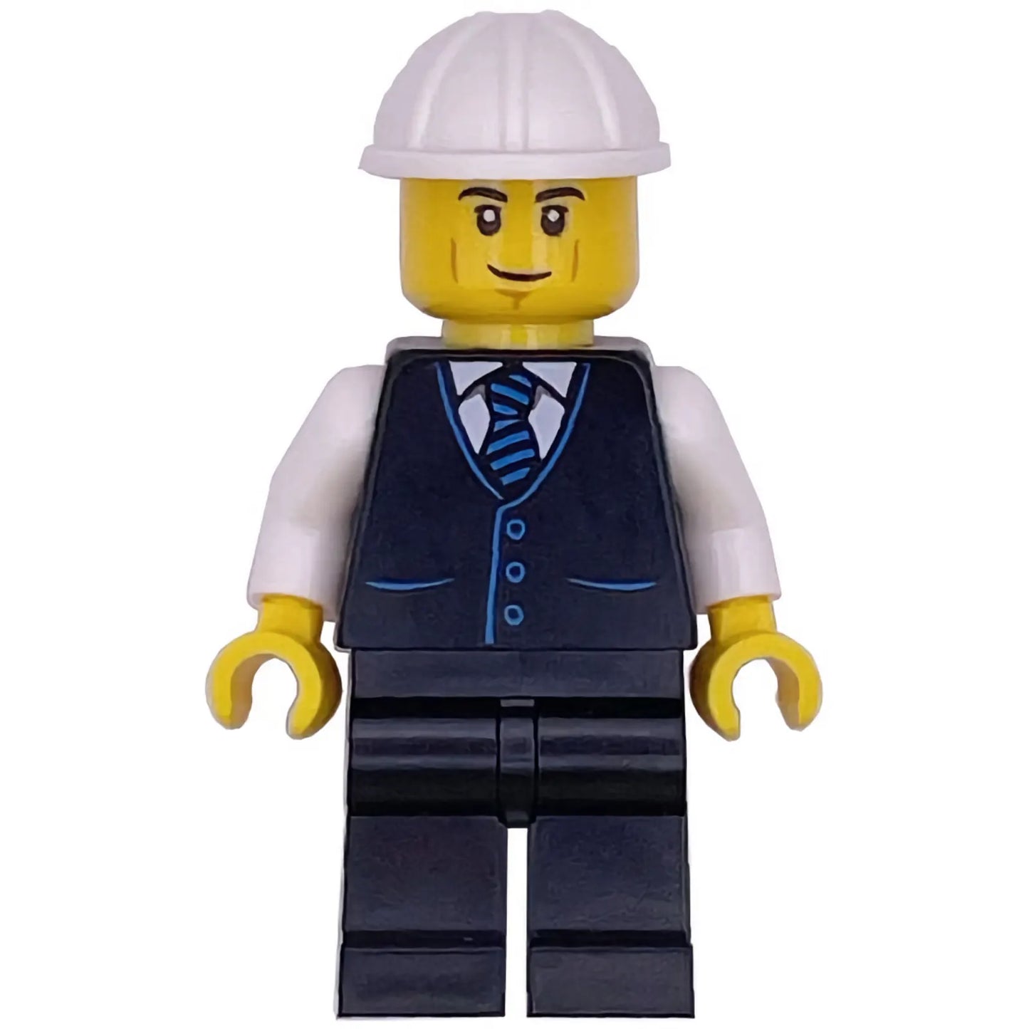 Minifig cty1788 - Construction Engineer / Architect - Male, Black Vest with Blue Striped Tie, Black Legs, White Construction Helmet, Lopsided Grin