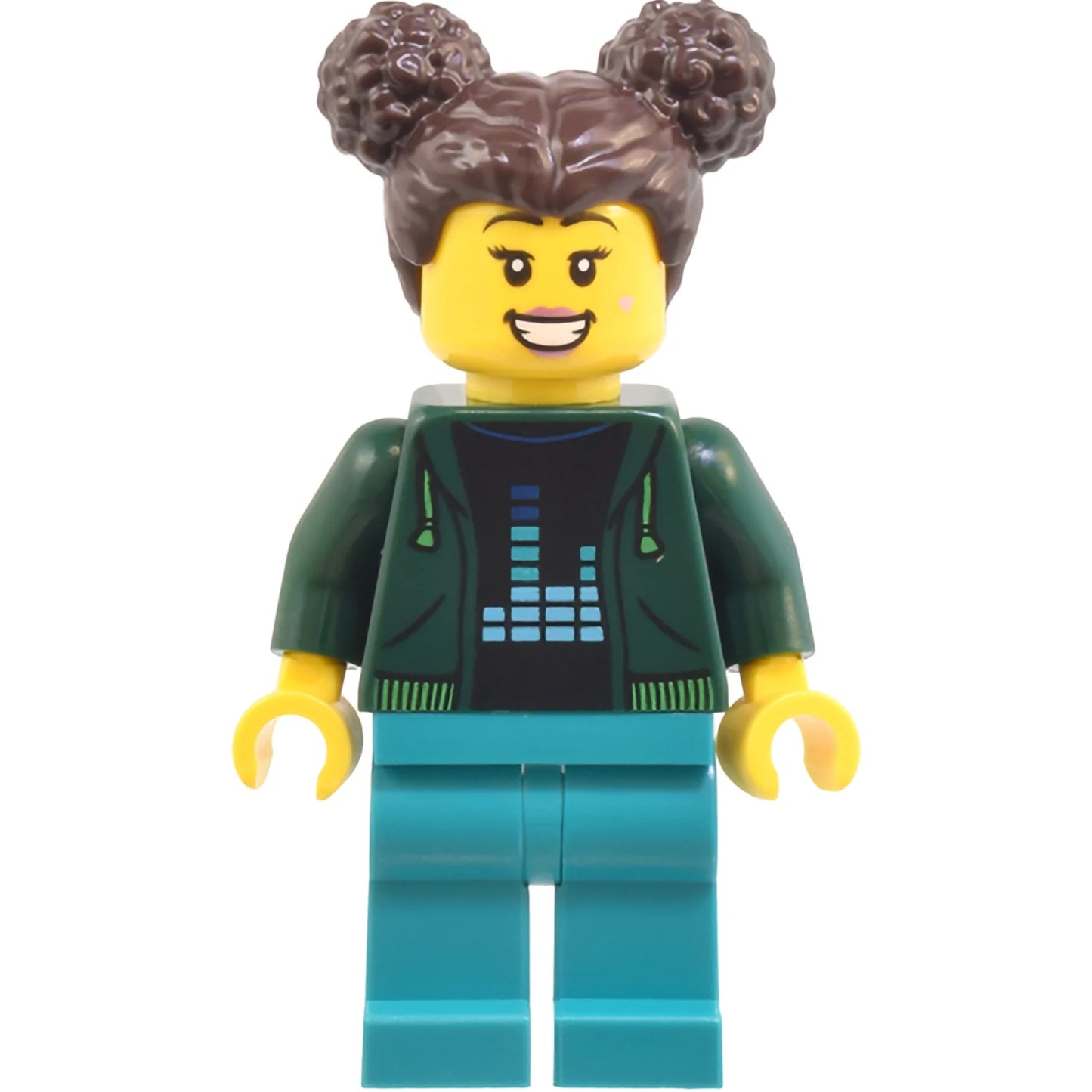 Minifig cty1801 - Robot World Patron - Female, Dark Green Hoodie, Dark Turquoise Legs, Dark Brown Hair
