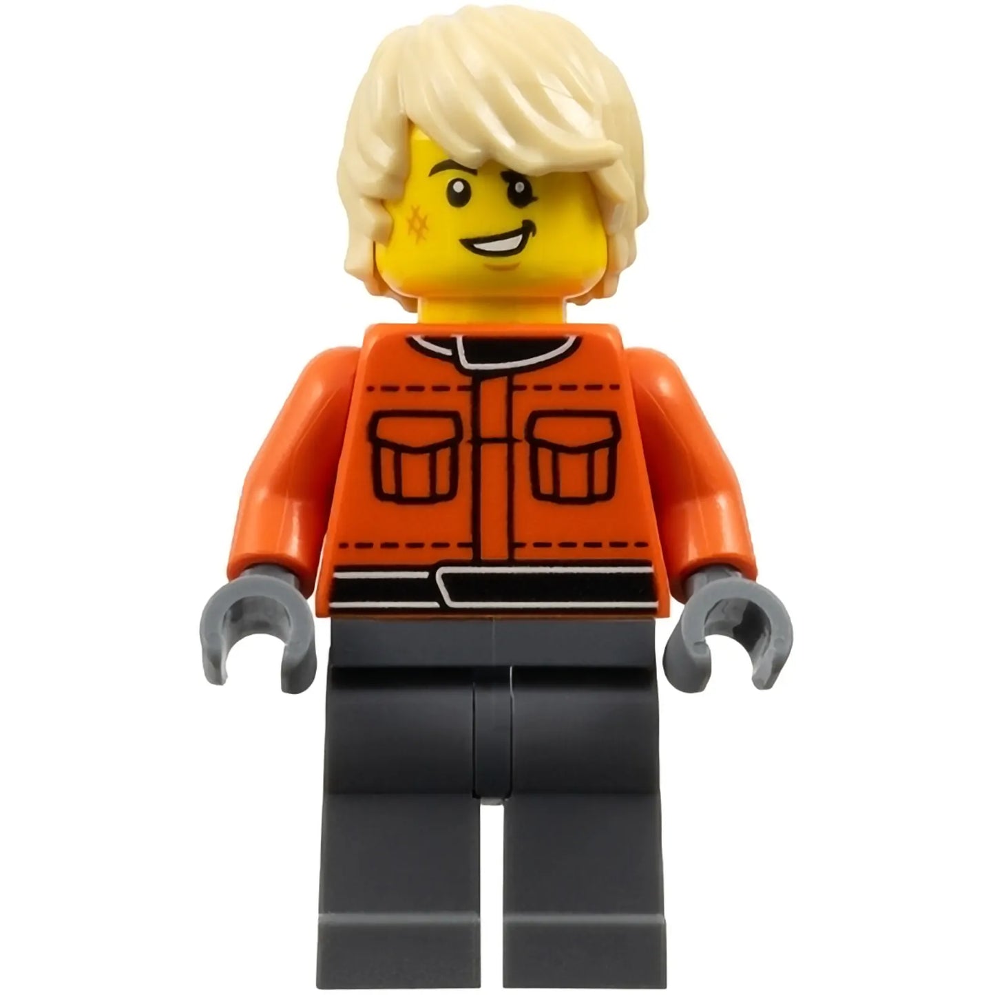 Minifig cty1840 - Formula 1 Mechanic - Male, Reddish Orange Suit with Pockets, Dark Bluish Gray Legs, Tan Tousled Hair, Scuff Mark