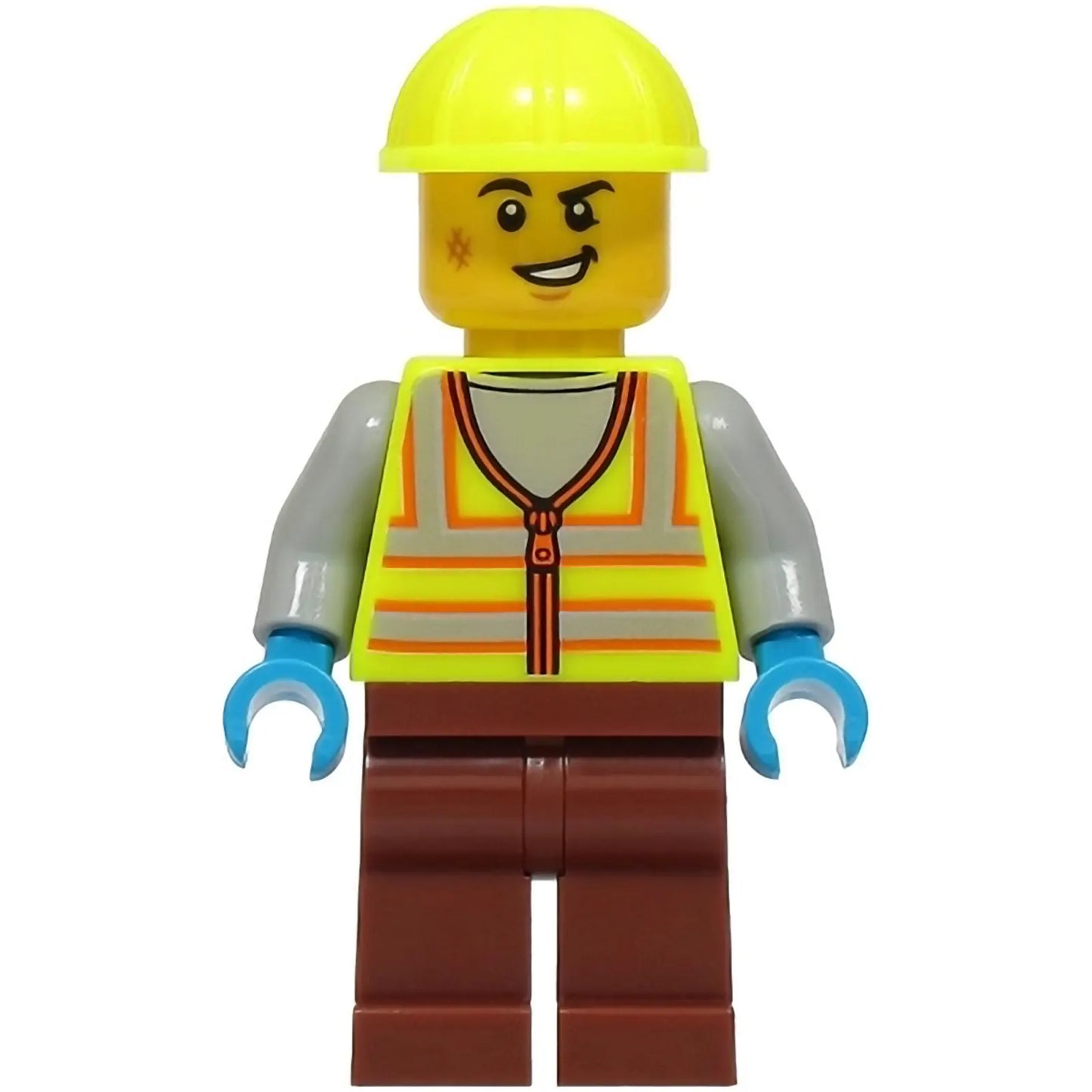 Minifig cty1924 - Train Worker - Male, Neon Yellow Safety Vest with Reflective Stripes, Reddish Brown Legs, Neon Yellow Construction Helmet