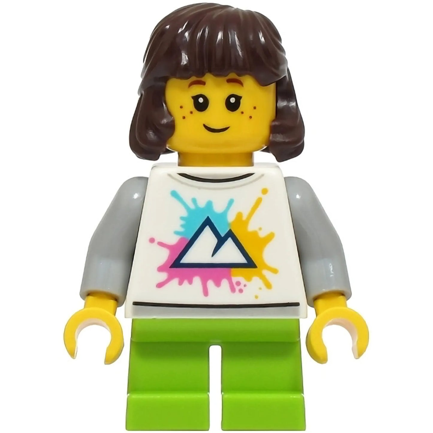 Minifig cty1927 - Child - Girl, White Shirt with Mountains Logo, Lime Short Legs, Dark Brown Hair