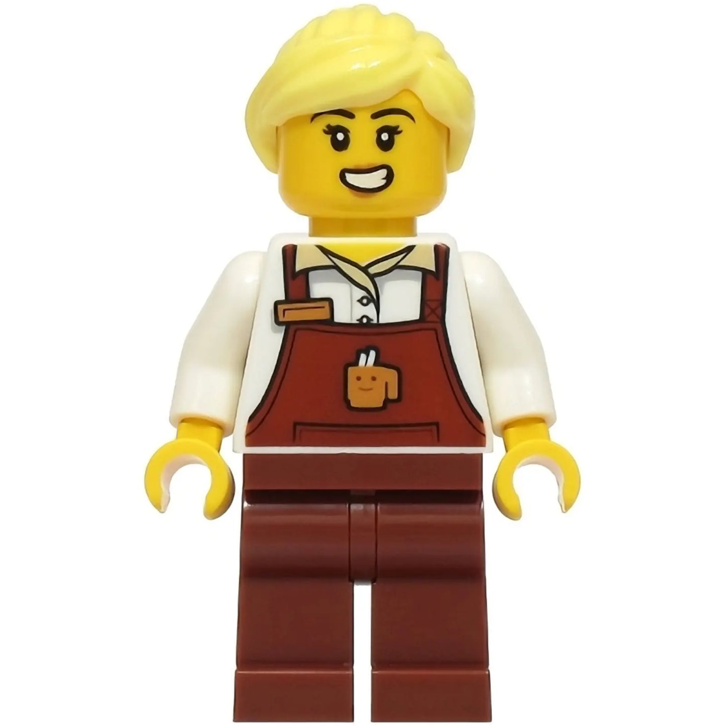 Minifig cty1926 - Barista - Female, Reddish Brown Apron with Cup and Name Tag, Reddish Brown Legs, Bright Light Yellow Ponytail