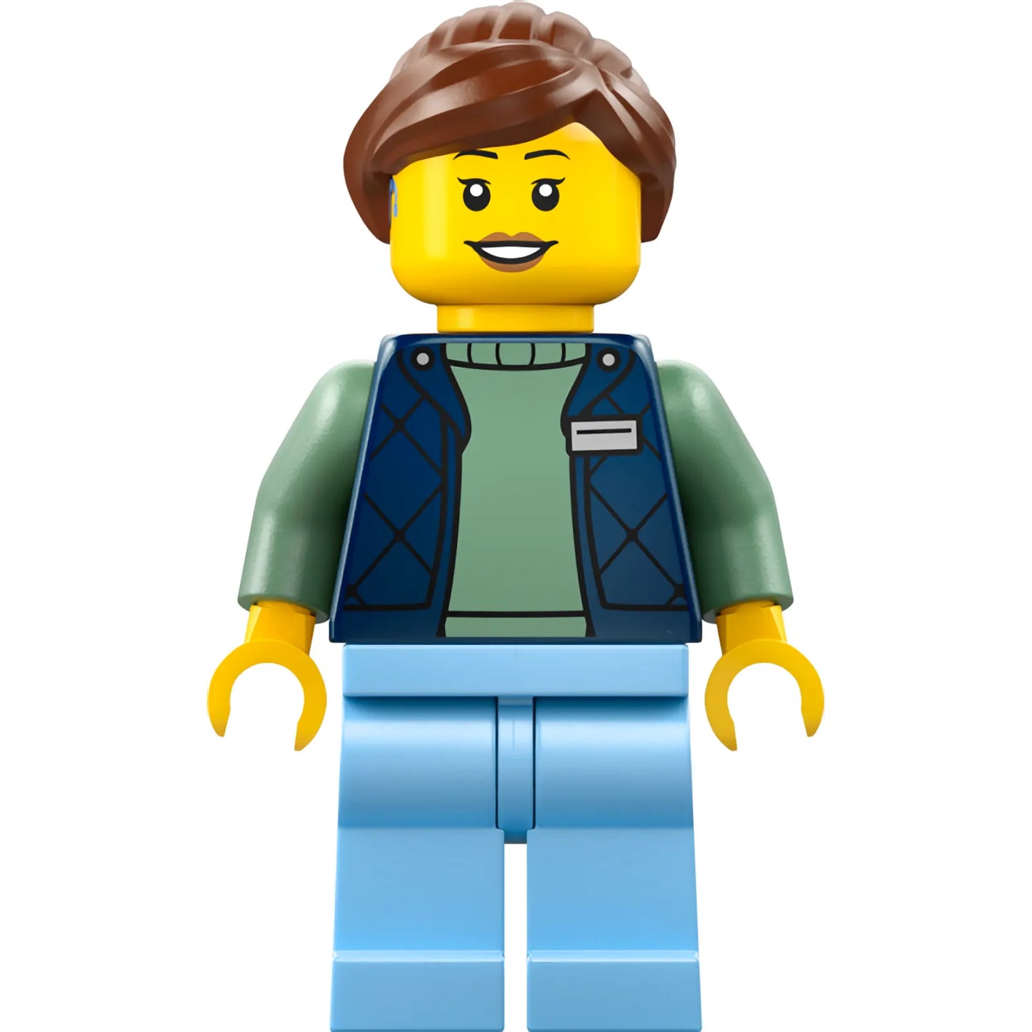 Minifig cty1952 - Delivery Worker - Female, Dark Blue Bodywarmer over Sand Green Sweater, Bright Light Blue Legs, Reddish Brown Hair, Hearing Aid