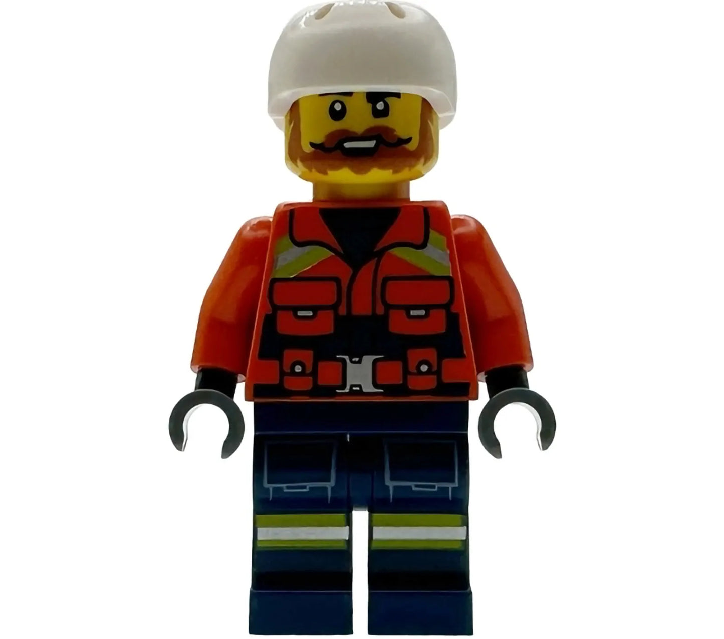 Minifig cty1956 - Coast Guard City - Male, Reddish Orange Jacket with Pockets and Reflective Stripes, Dark Blue Legs with Pockets and Reflective Stripes, White Sports Helmet