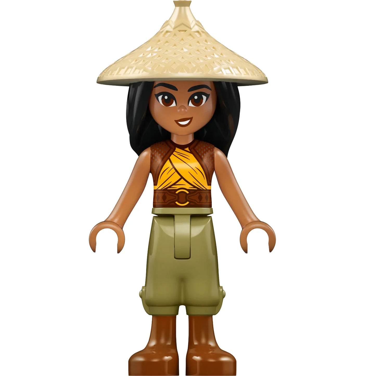 Minifigur dis120 - Raya - Hellbrauner konischer Hut, gelbes Oberteil, rotbraune Stiefel, offener Mund