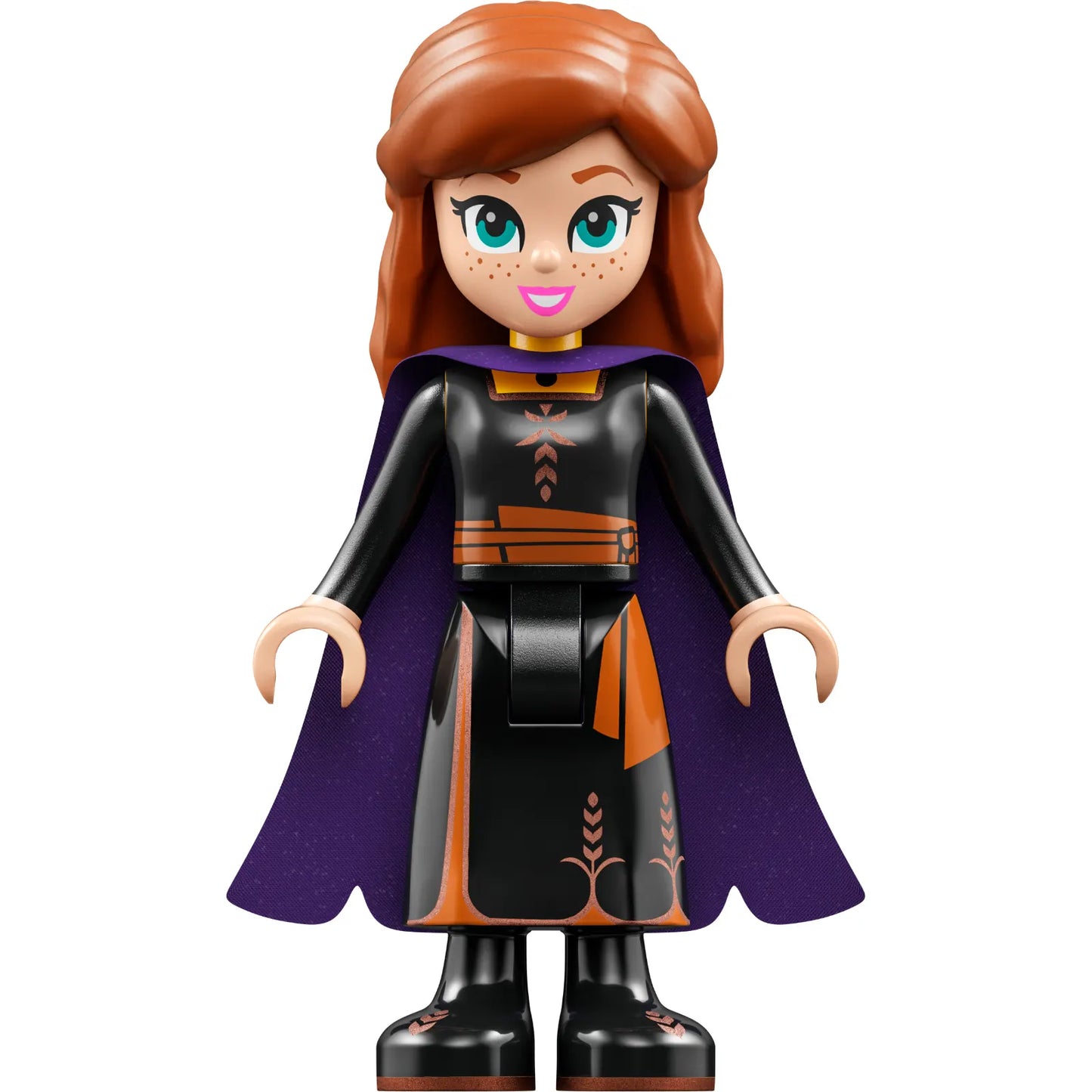 Minifigur dis126 - Anna - Schwarzes Kleid, magenta- und dunkelvioletter Umhang, schmales Lächeln