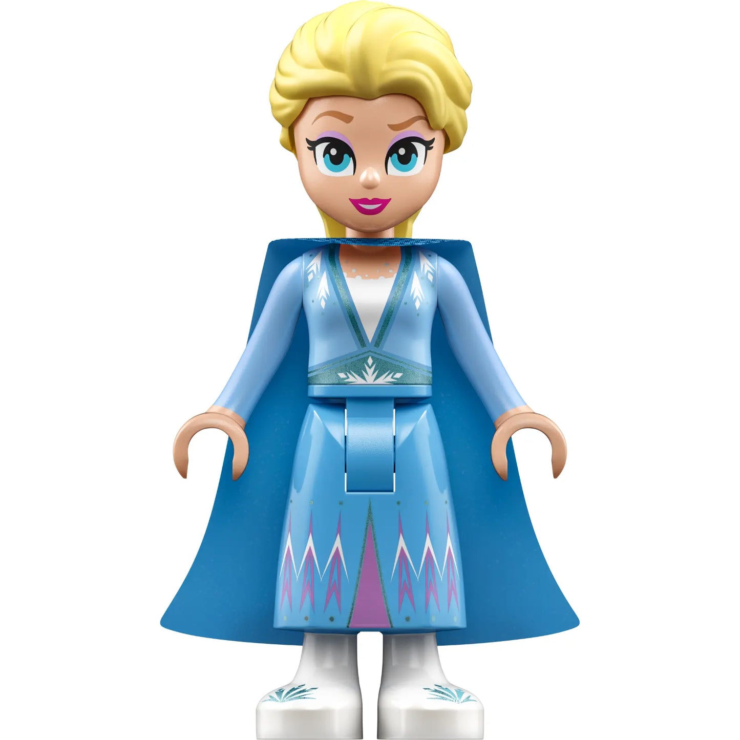 Minifigur dis125 – Elsa – Glitzerumhang mit zwei Schwänzen, mittelblauer Rock mit weißen Schuhen, kleines Lächeln mit offenem Mund
