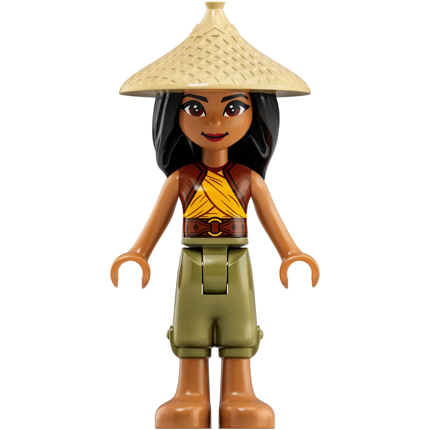 Minifig dp118 – Raya – hellbrauner konischer Hut, gelbes Oberteil, mittelgroße Nougat-Stiefel