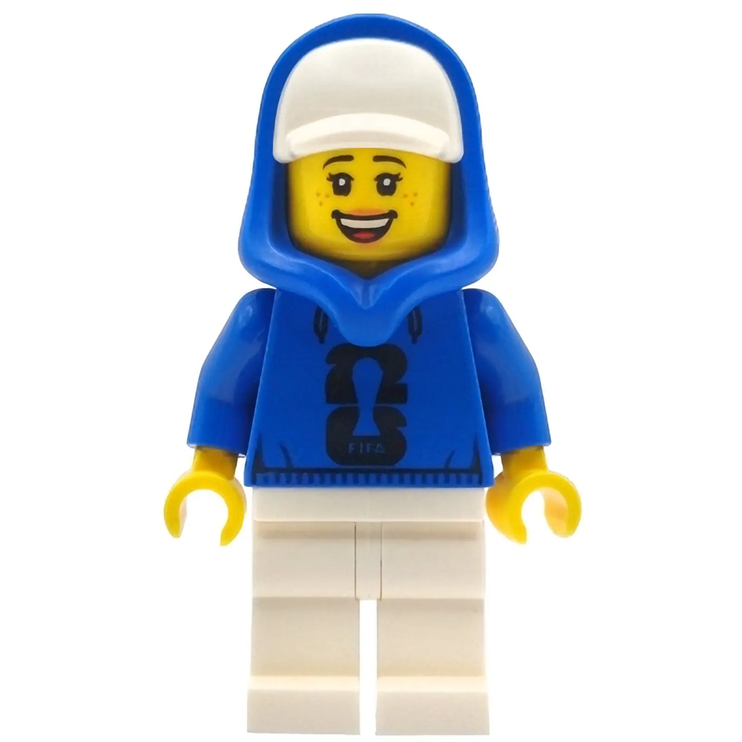 Minifig edi001 - Soccer Spectator - Female, Blue Hoodie with Black FIFA World Cup 2026 Logo, White Cap