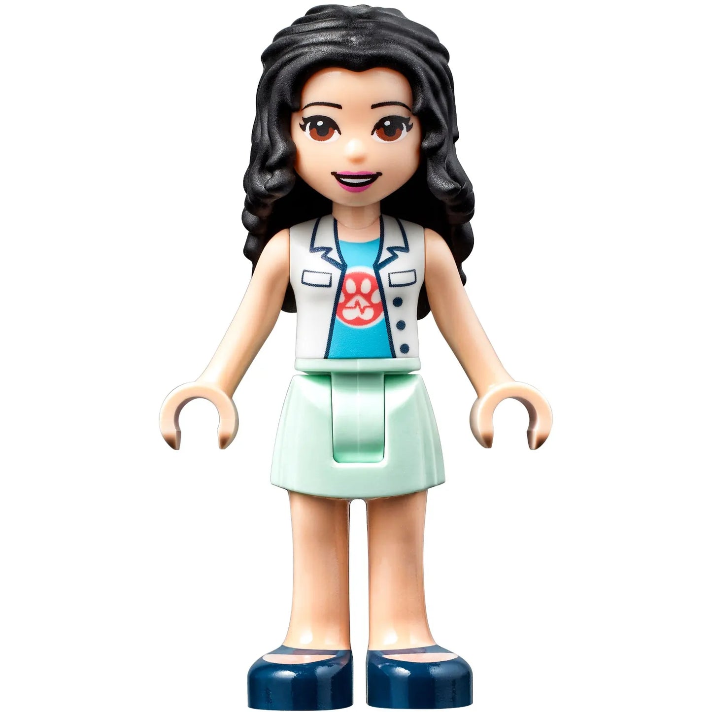 Minifigur frnd438 – Friends Emma – Weißes Oberteil mit Unterhemd mit Pfotenabdruck, hellblauer Rock, dunkelblaue Schuhe mit Riemen, dunkelviolette Schleife