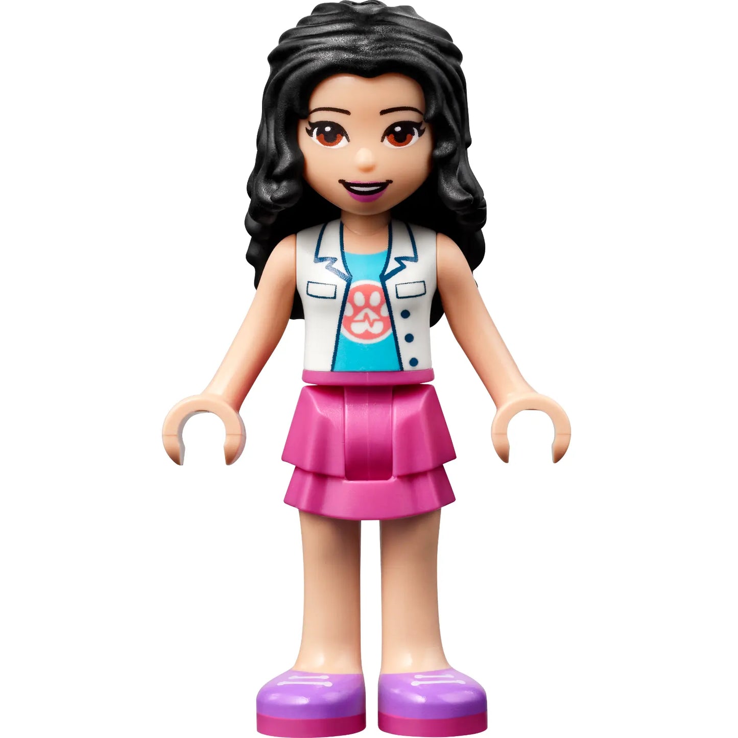 Minifigur frnd493 – Friends Emma – Dunkelrosa Lagenrock, weißes Oberteil mit Unterhemd mit Pfotenabdruck, Schwimmweste