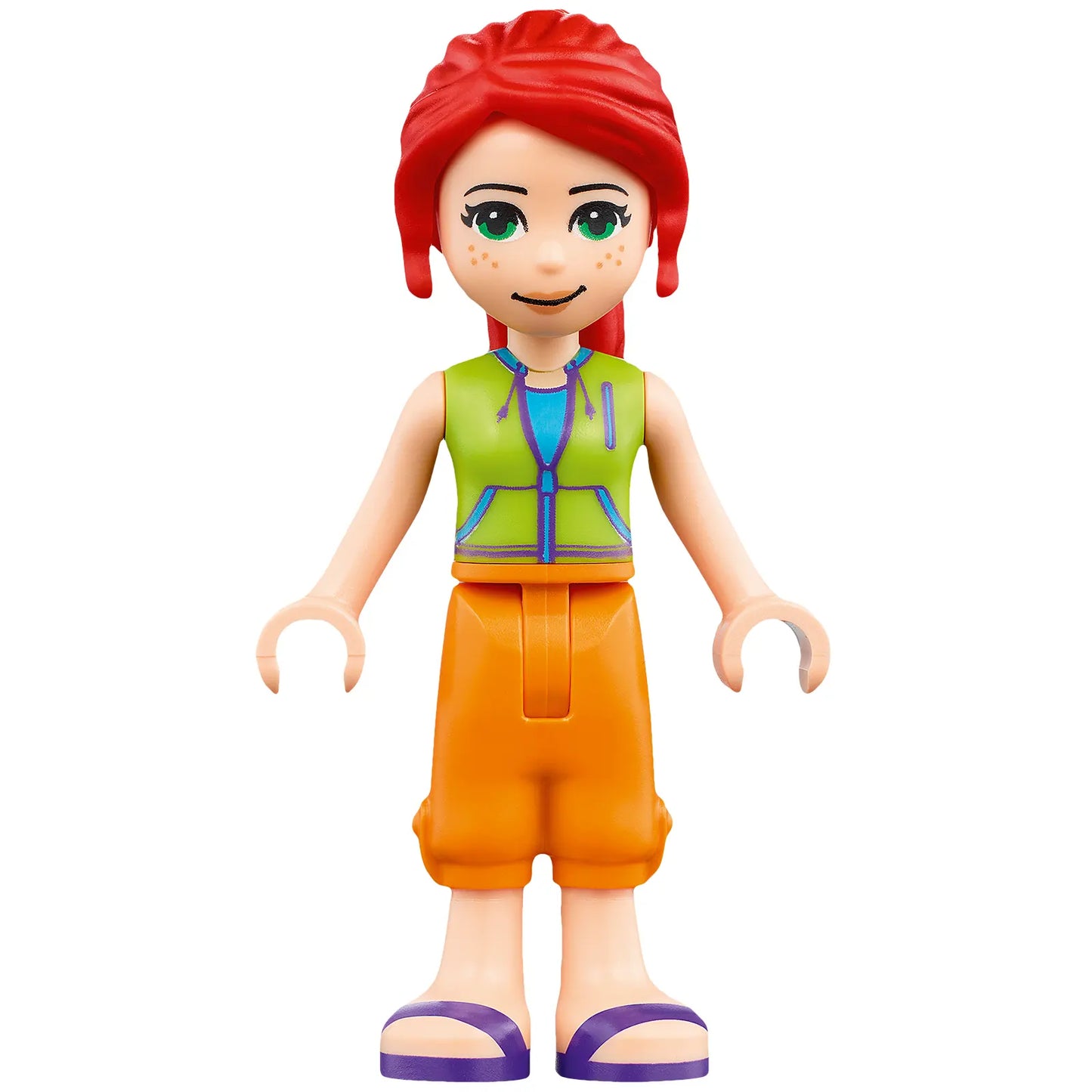 Minifigur frnd512 – Friends Mia – Limettengrüne Weste mit Taschen, orangefarbene kurze Hose, dunkelviolette Sandalen, orangefarbene Schwimmweste