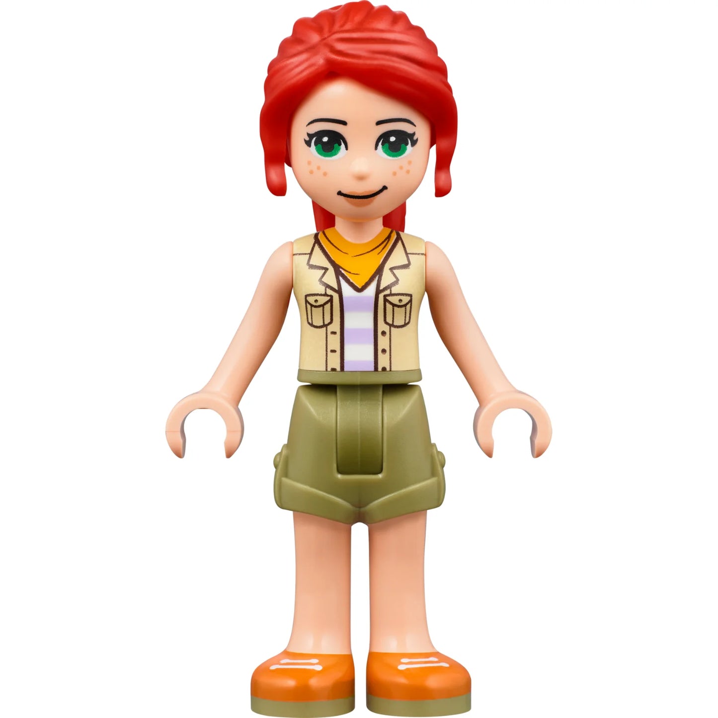 Minifig frnd527 - Friends Mia - Olive Green Shorts, Orange Shoes, Tan Vest, Bright Light Orange Scarf