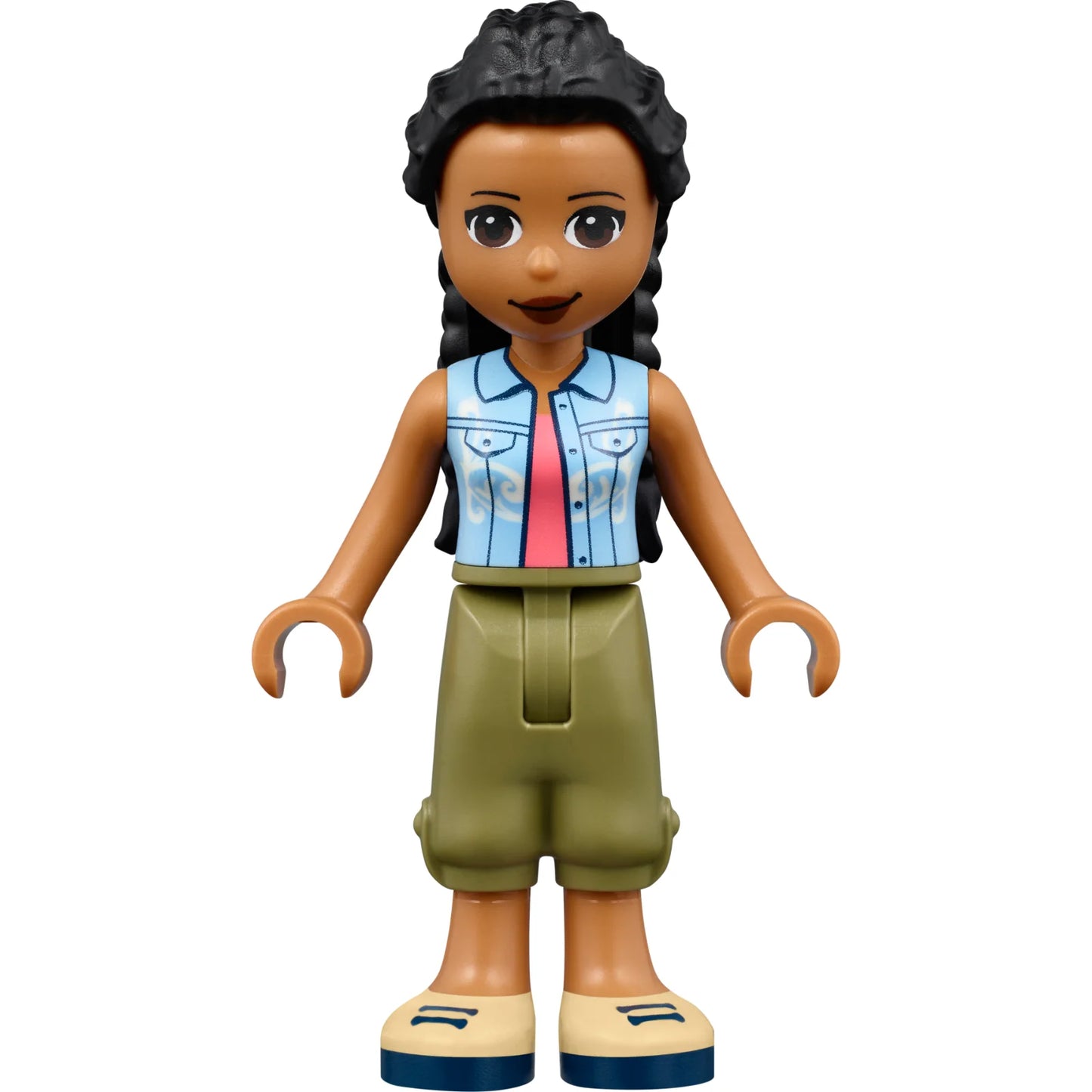 Minifig frnd528 - Friends Dr. Makena - Olive Green Trousers, Tan Shoes, Bright Light Blue Vest over Coral Shirt