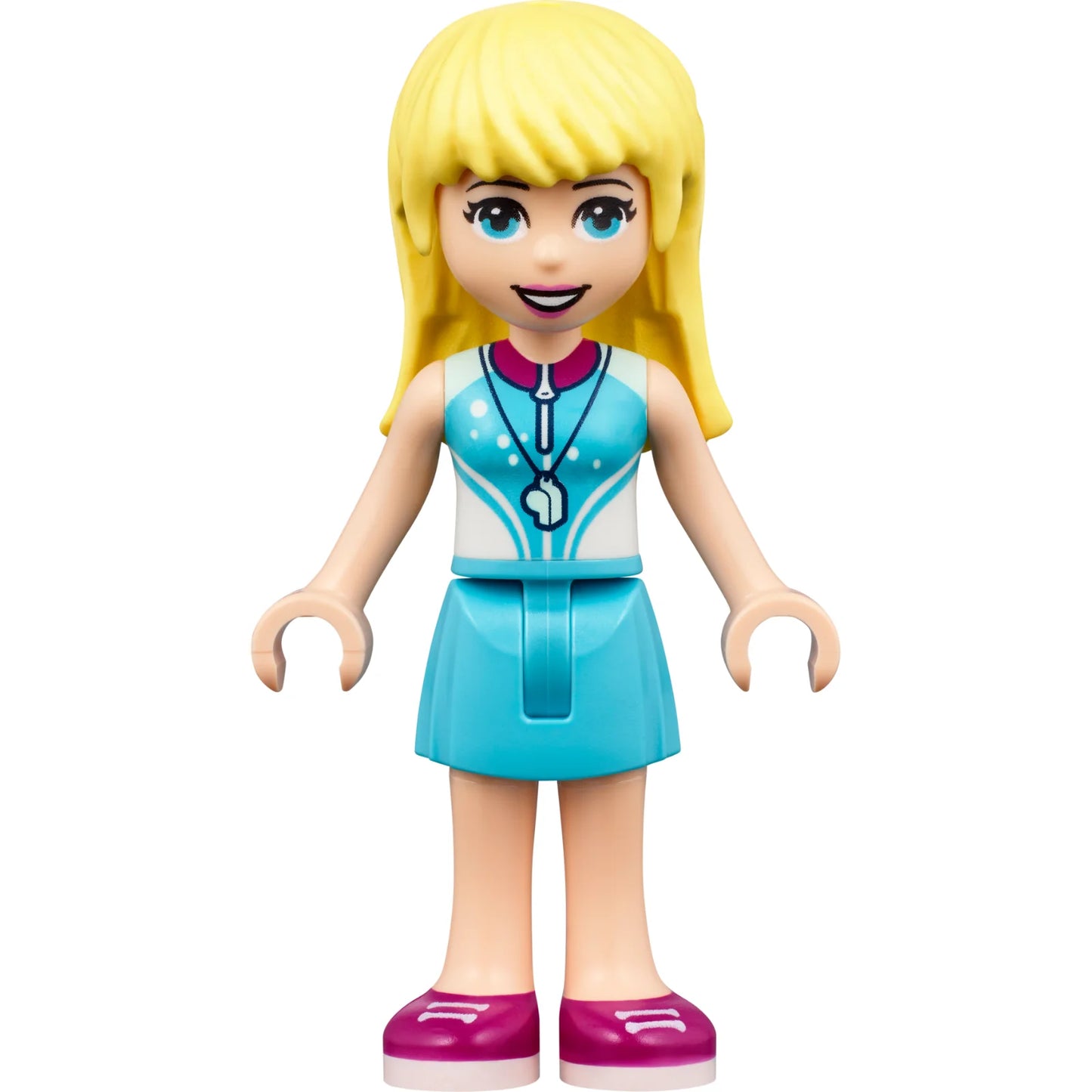 Minifig frnd544 - Friends Stephanie - Medium Azure Skirt, White and Medium Azure Top with Magenta Collar