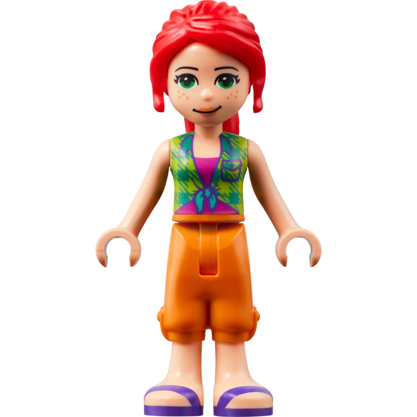 Minifigur frnd549 - Friends Mia - Hellgrünes kariertes Hemd, orangefarbene kurze Hose, dunkelviolette Sandalen, Sonnenbrille