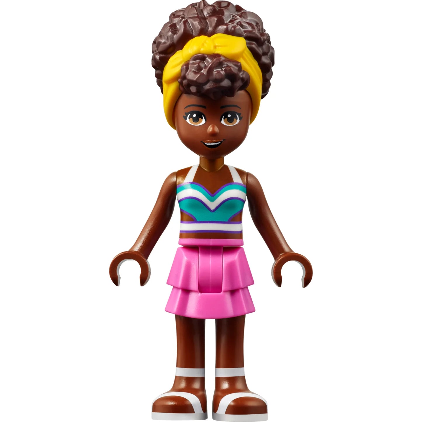 Minifig frnd555 - Friends Nandi - White and Dark Turquoise Bikini Top, Dark Pink Skirt, White Sandals, Yellow Head Wrap
