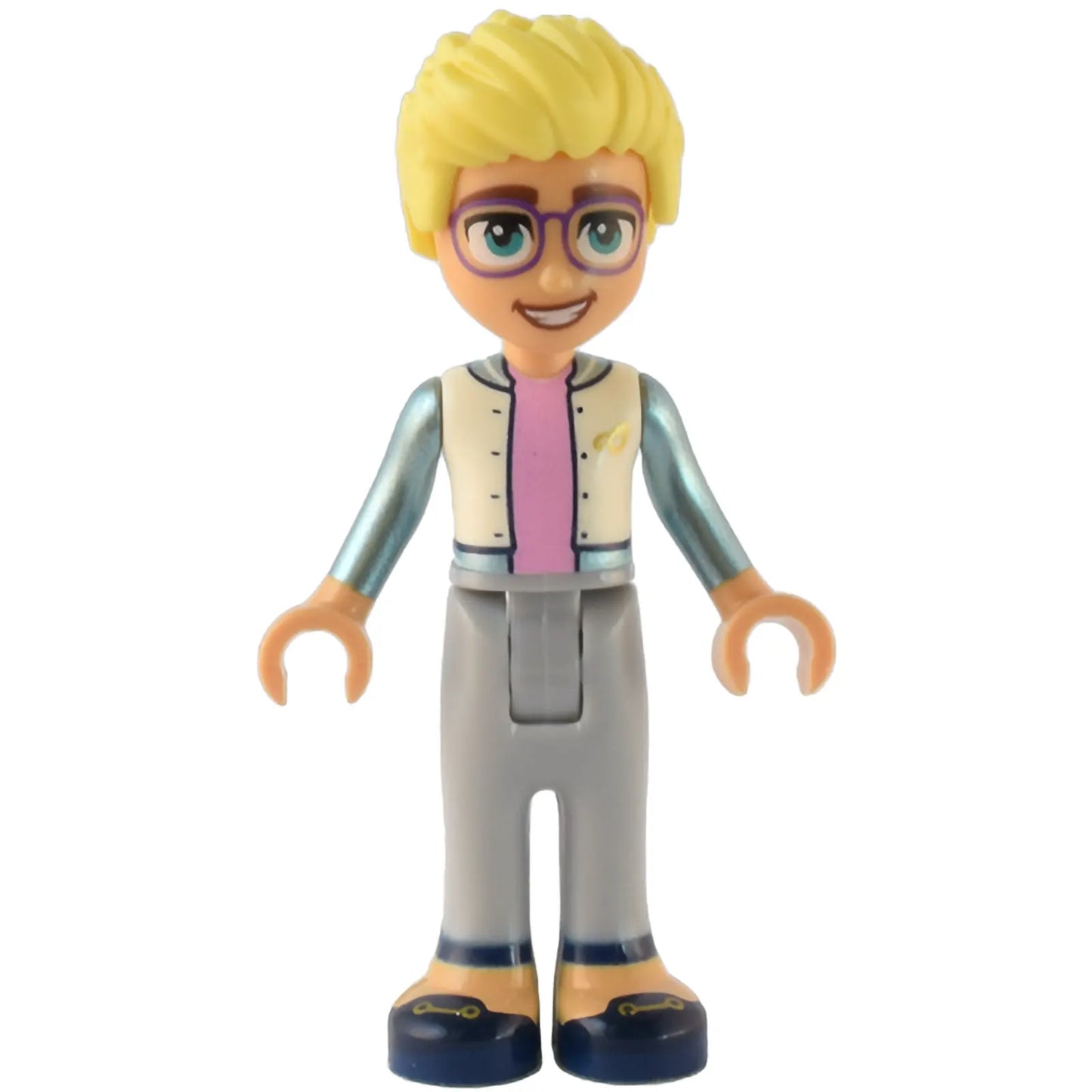 Minifig frnd569 - Friends Olly - White Jacket with Metallic Light Blue Sleeves, Light Bluish Gray Trousers, Dark Blue Shoes