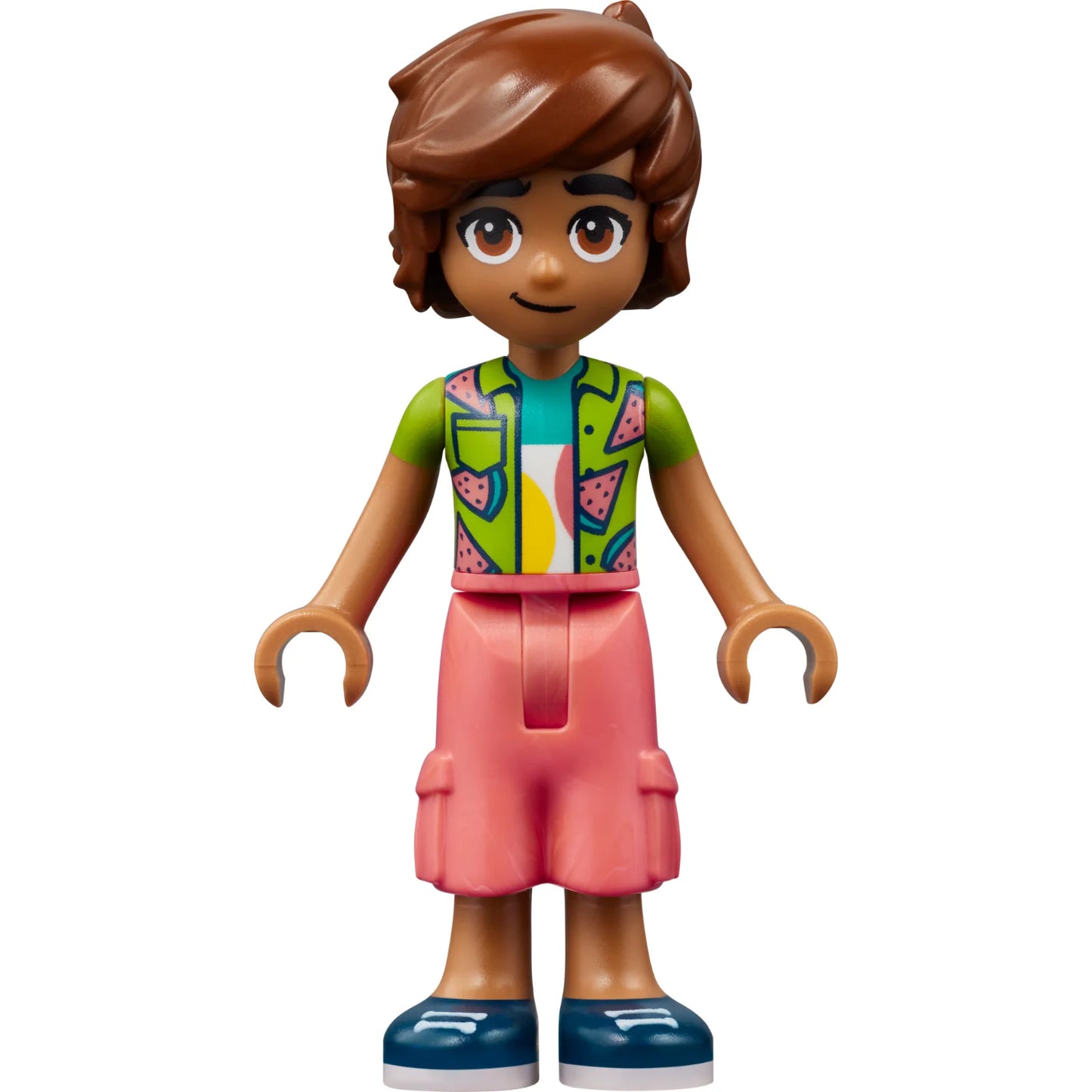 Minifigur frnd579 – Friends Leo – Limettengrünes Wassermelonenhemd, korallenrote Hose mit kurzen, großen Taschen, dunkelblaue Schuhe