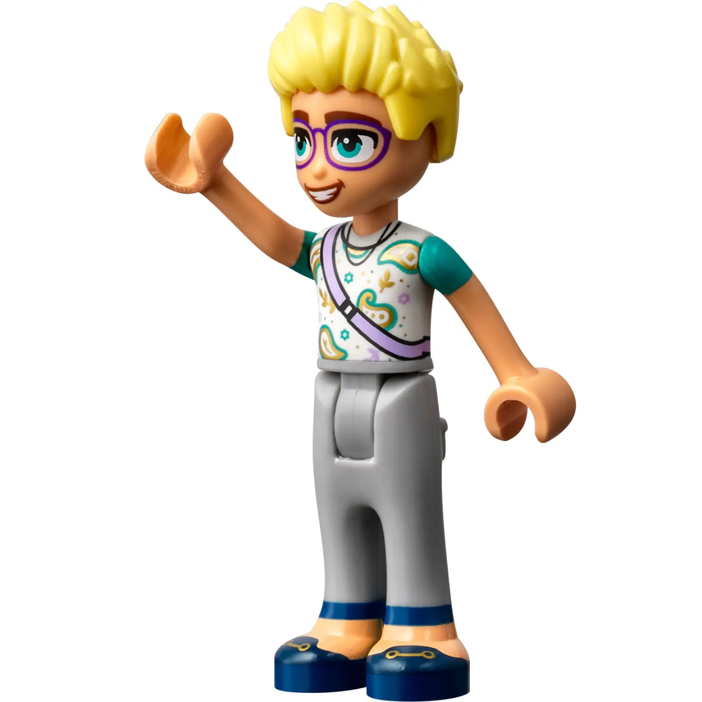 Minifig frnd588 - Friends Olly - White Paisley Shirt, Lavender Shoulder Bag, Light Bluish Gray Trousers, Dark Blue Shoes