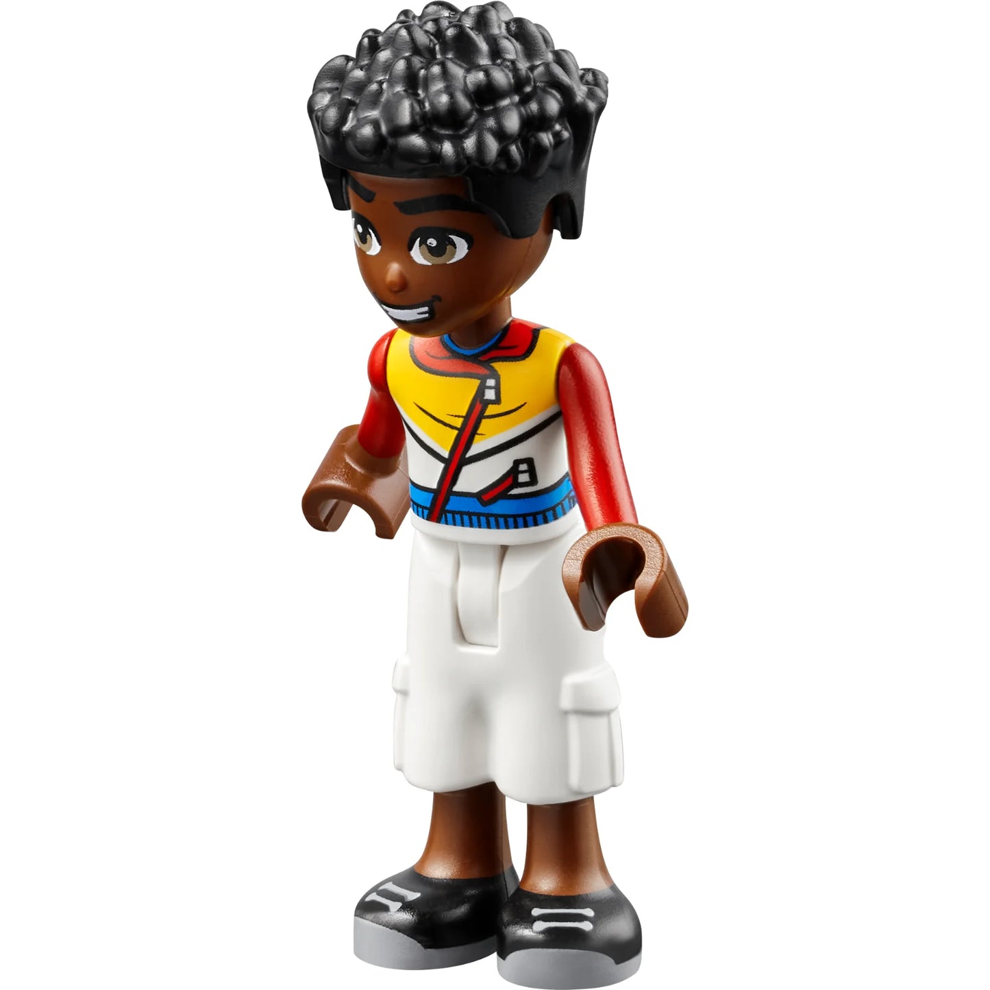 Minifig frnd599 - Friends Zac - Red, White, and Yellow Hoodie with Zippers, White Trousers Cropped Large Pockets, Black Shoes