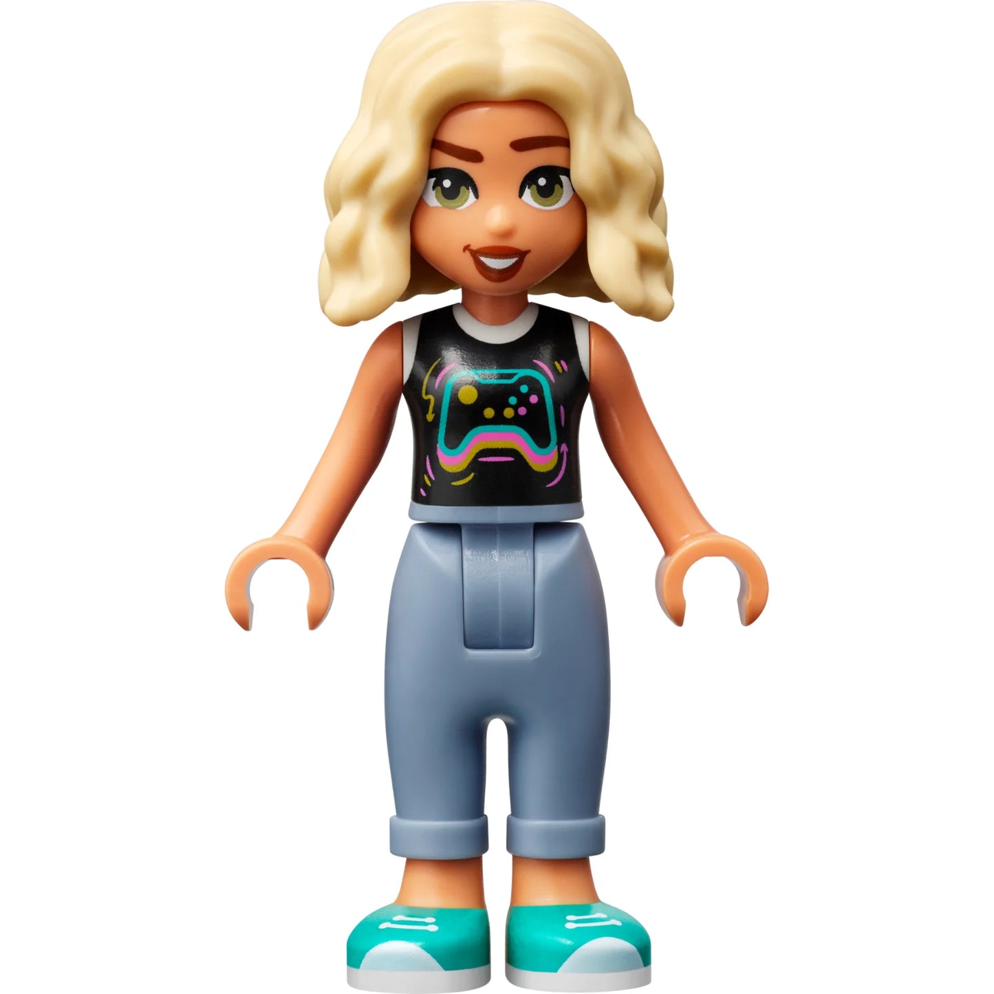 Minifigur frnd604 – Friends Nova – Schwarz-weißes Hemd mit Videospiel-Controller, sandblaue Hose mit Bündchen, dunkeltürkise Schuhe