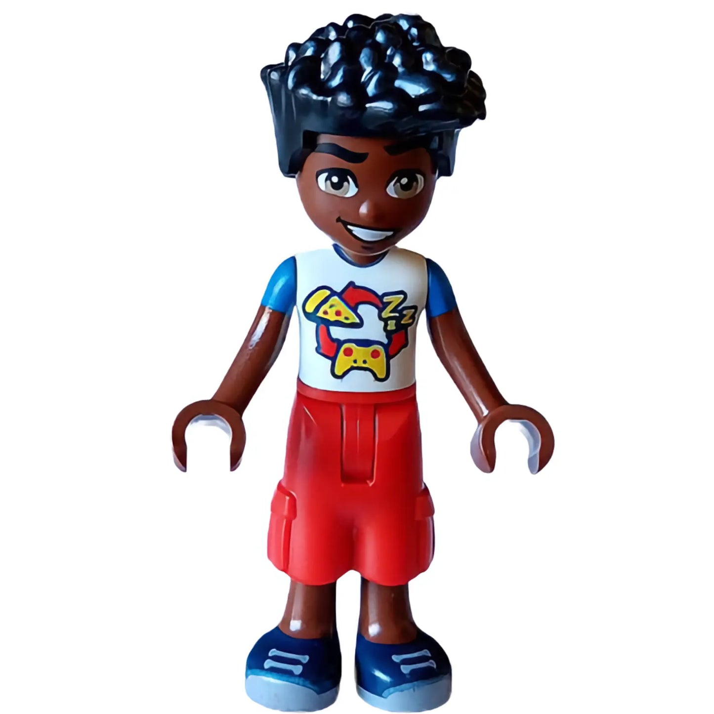 Minifig frnd605 - Friends Zac - White and Blue Shirt with Pizza and Game Controller, Red Trousers Cropped Large Pockets, Dark Blue Shoes