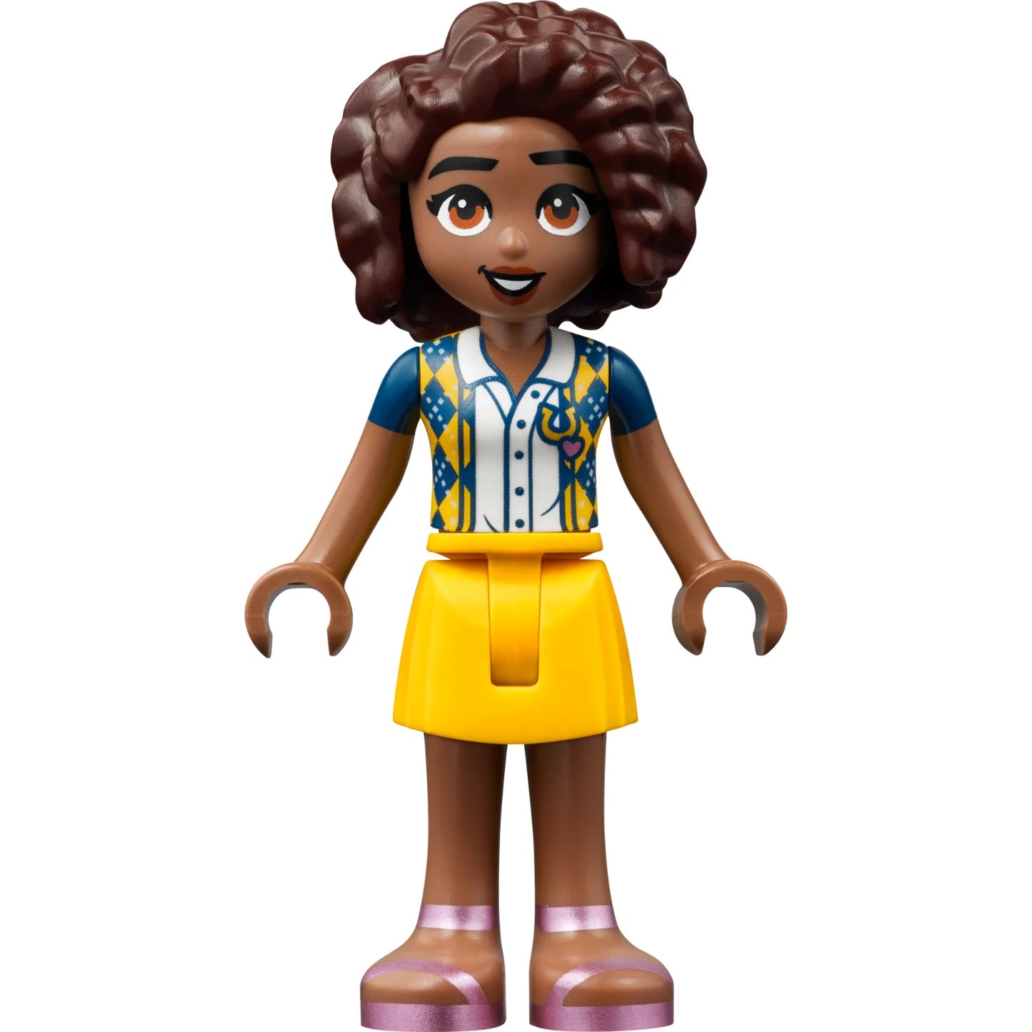 Minifig frnd609 - Friends Aliya - Dark Blue Vest with Diamonds over White Blouse, Yellow Skirt, Metallic Pink Sandals