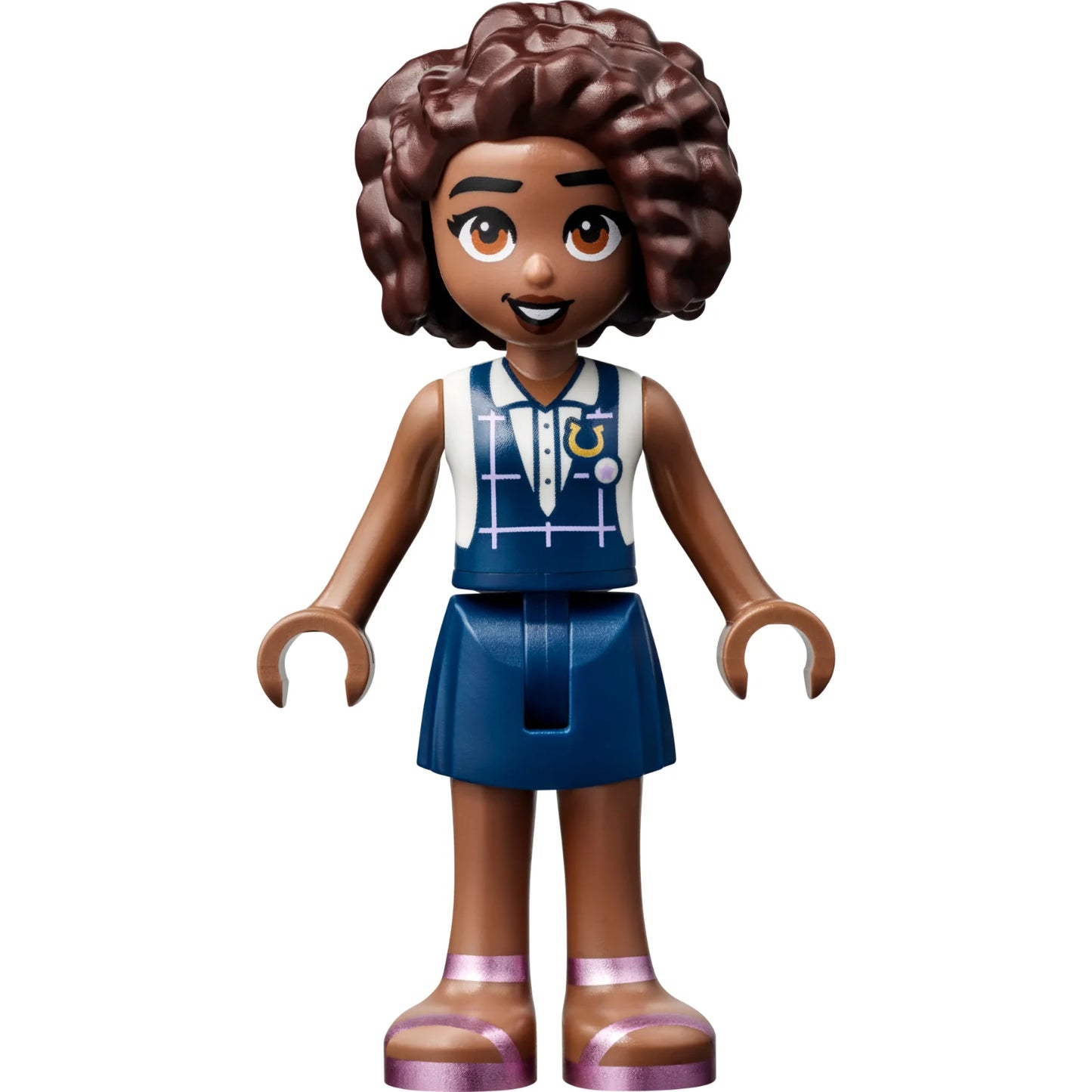 Minifig frnd612 - Friends Aliya - Dark Blue Gym Slip Top over White Blouse, Dark Blue Skirt, Metallic Pink Sandals