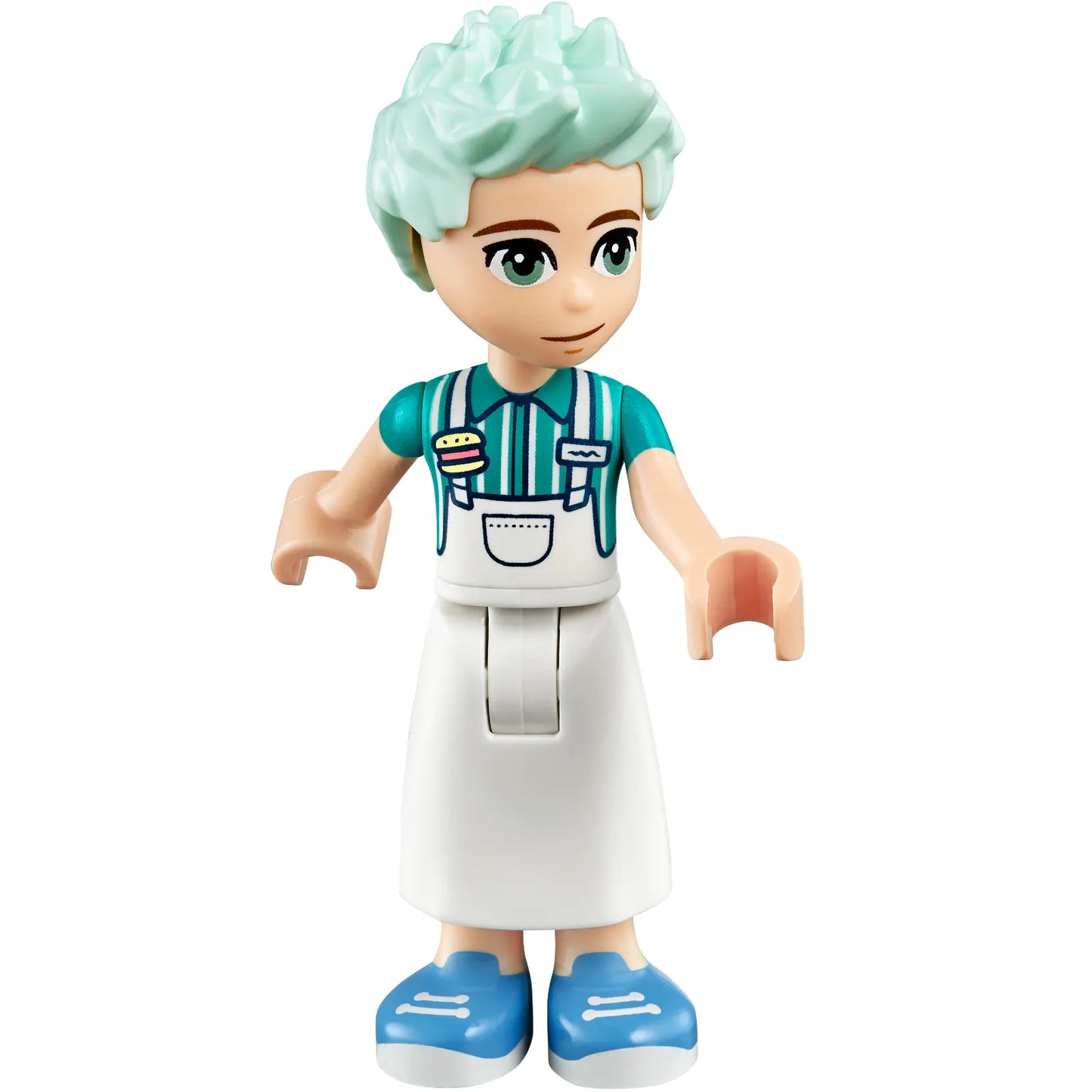Minifig frnd613 - Friends Charli - White Apron Top over Dark Turquoise Shirt, White Skirt Long, Medium Blue Shoes