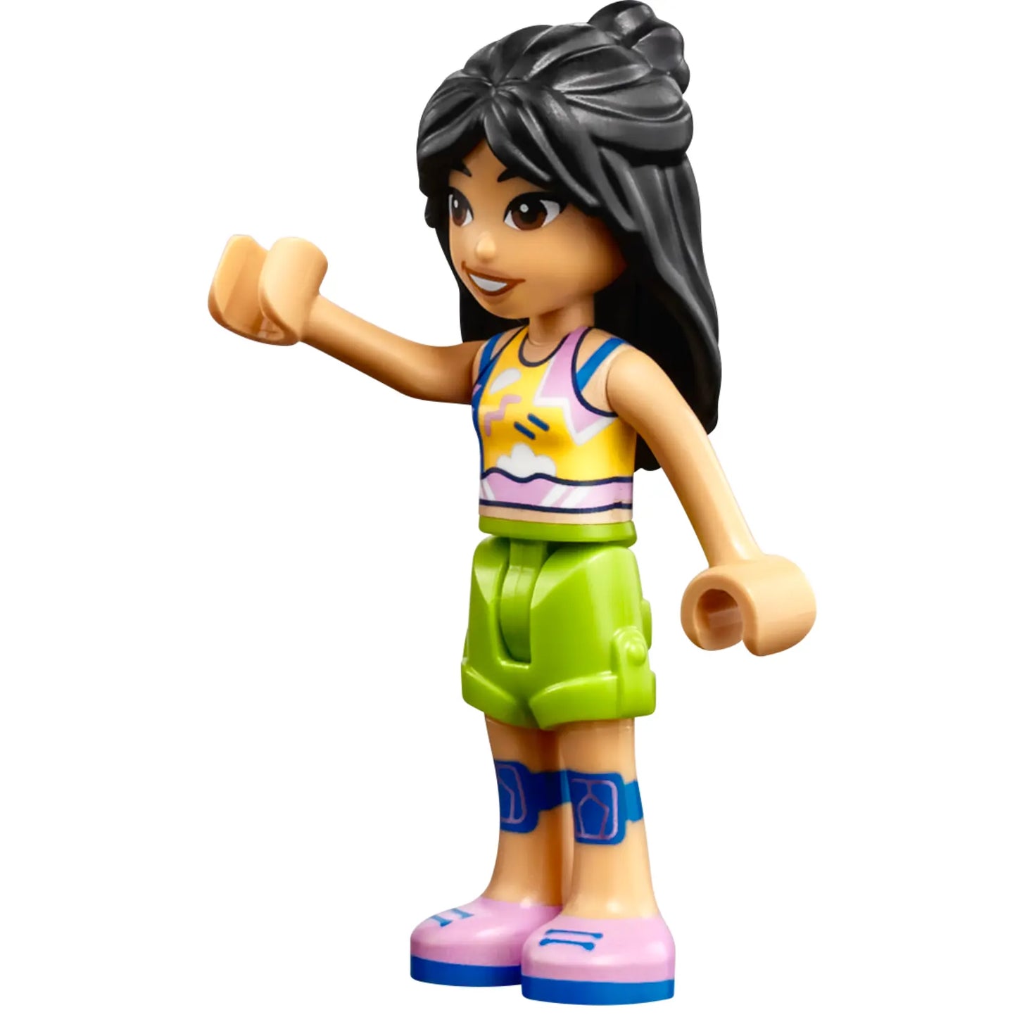 Minifig frnd614 - Friends Liann - Bright Pink, Yellow, Blue, and White Tank Top, Lime Shorts, Blue Knee Pads, Bright Pink Shoes