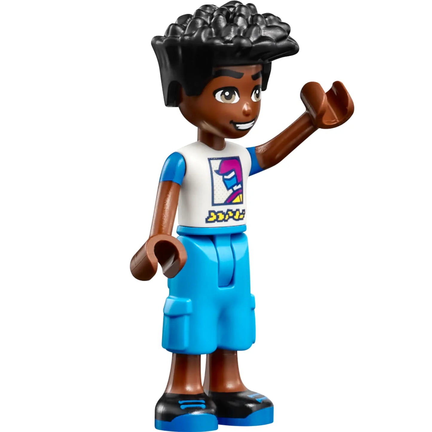 Minifigur frnd616 – Friends Zac – Weißes und blaues Hemd mit Racerback, dunkelblaue Hose mit kurzen, großen Taschen, schwarze Schuhe