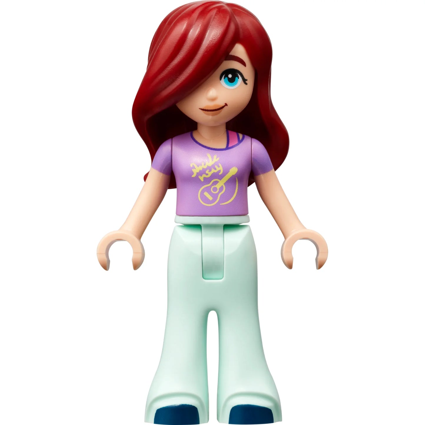 Minifigur frnd617 – Friends Paisley – mittellavendelfarbenes Hemd mit Gitarre, hellblaue Schlaghose, dunkelblaue Schuhe