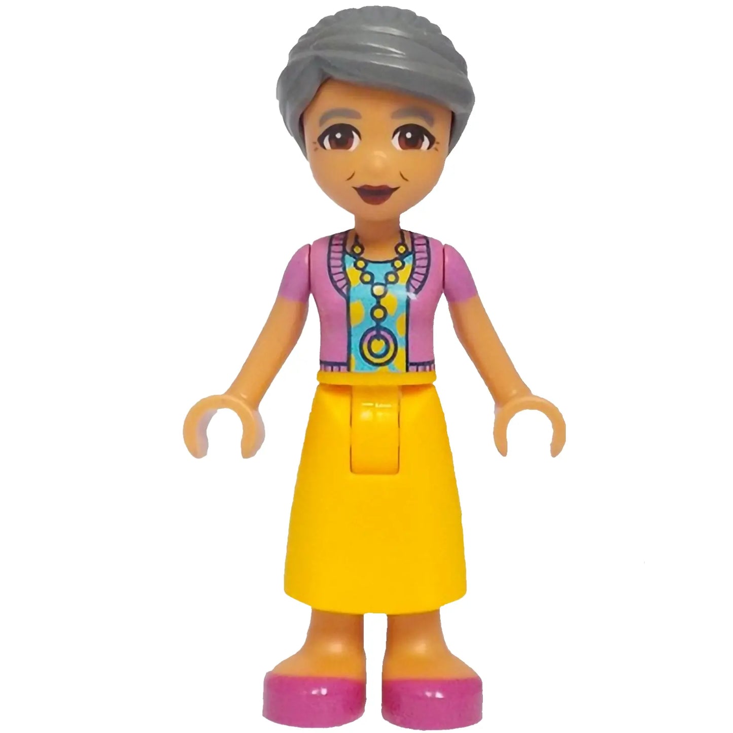 Minifig frnd622 - Friends Abuelita - Dark Pink Sweater Vest, Bright Light Orange Long Skirt, Magenta Shoes