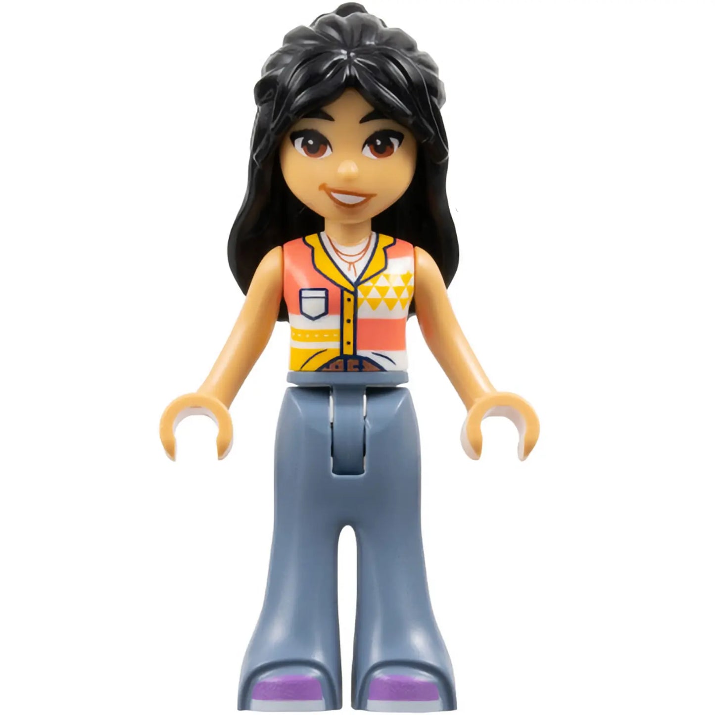 Minifig frnd624 - Friends Liann - White, Coral and Bright Light Orange Top, Sand Blue Trousers Bell-Bottoms, Medium Lavender Shoes, Flower