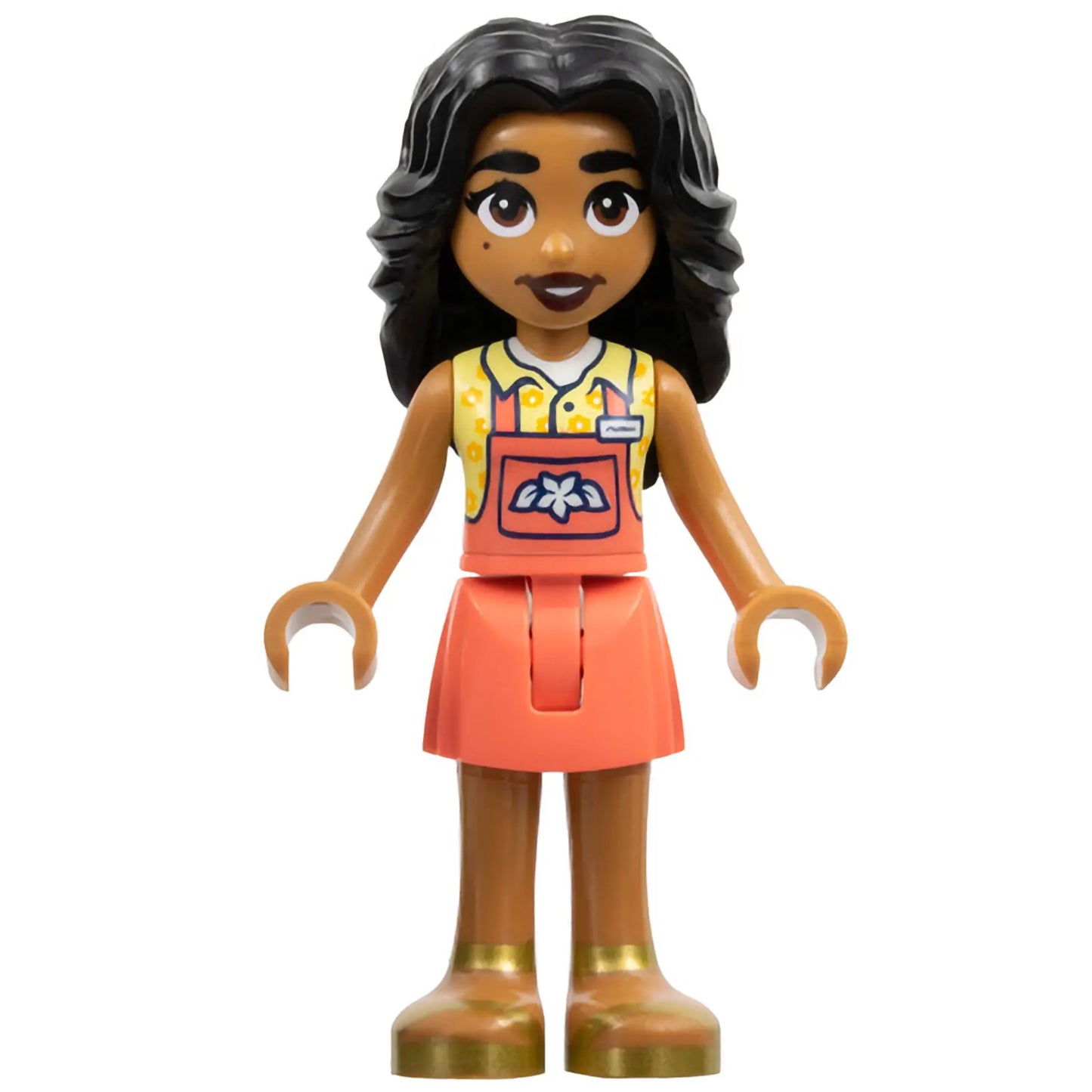 Minifig frnd626 - Friends Adi - Coral Overalls Skirt, Bright Light Yellow Shirt, Gold Sandals