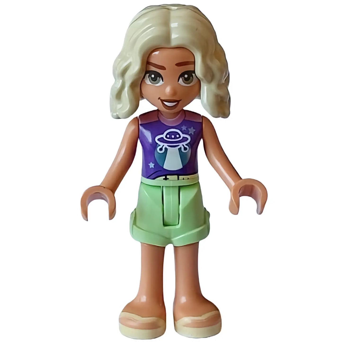 Minifig frnd628 - Friends Nova - Dark Purple and Metallic Pink Shirt, Yellowish Green Shorts, Bright Light Yellow Sandals