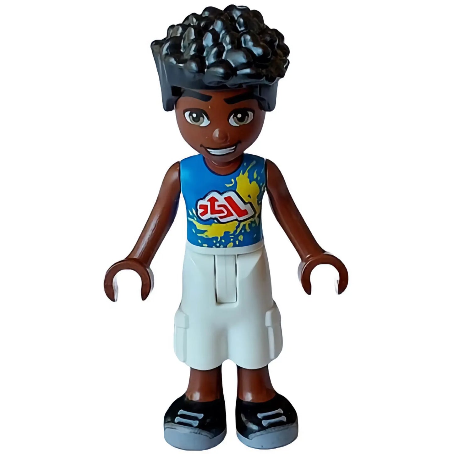 Minifigur frnd629 - Friends Zac - Blaues Hemd mit roten Symbolen und gelben Flecken, weiße Hose mit kurzen großen Taschen, schwarze Schuhe