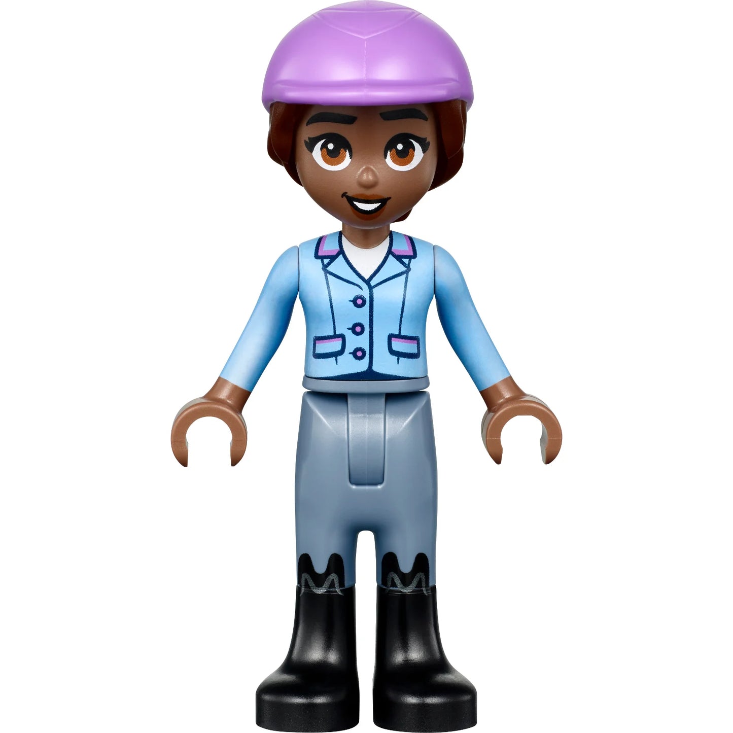 Minifigur frnd633 – Friends Aliya – leuchtend hellblaue Jacke, sandblaue Hose, schwarze Stiefel, mittelgroßer lavendelfarbener Reithelm