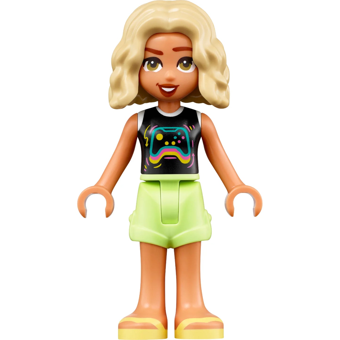 Minifigur frnd643 - Friends Nova - Schwarz-weißes Hemd mit Videospiel-Controller, gelblich-grüne Shorts, leuchtend hellgelbe Sandalen