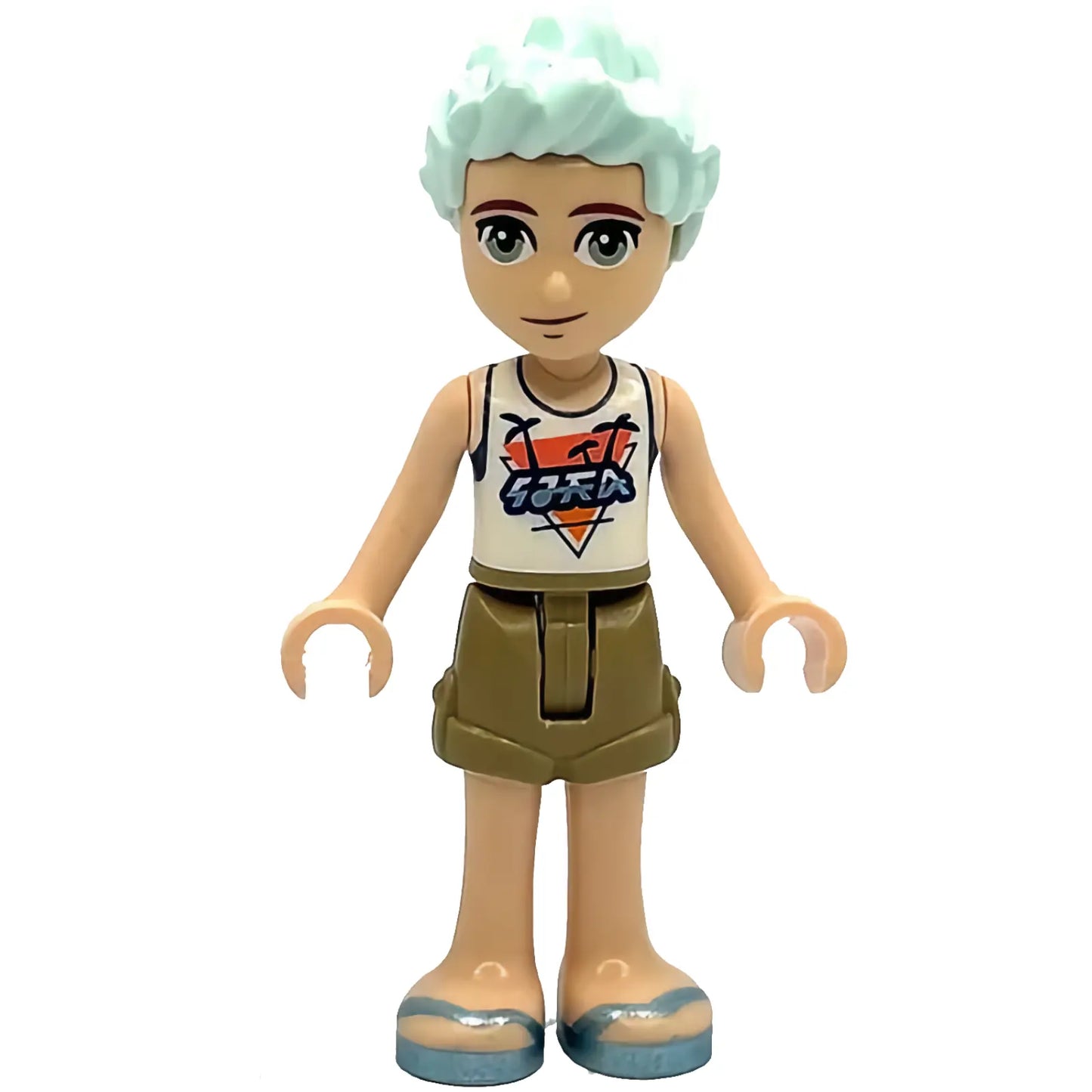 Minifigur frnd644 – Friends Charli – Weißes Oberteil mit dunkelblauem Besatz und Palmen, dunkelbraune Shorts, metallisch hellblaue Sandalen