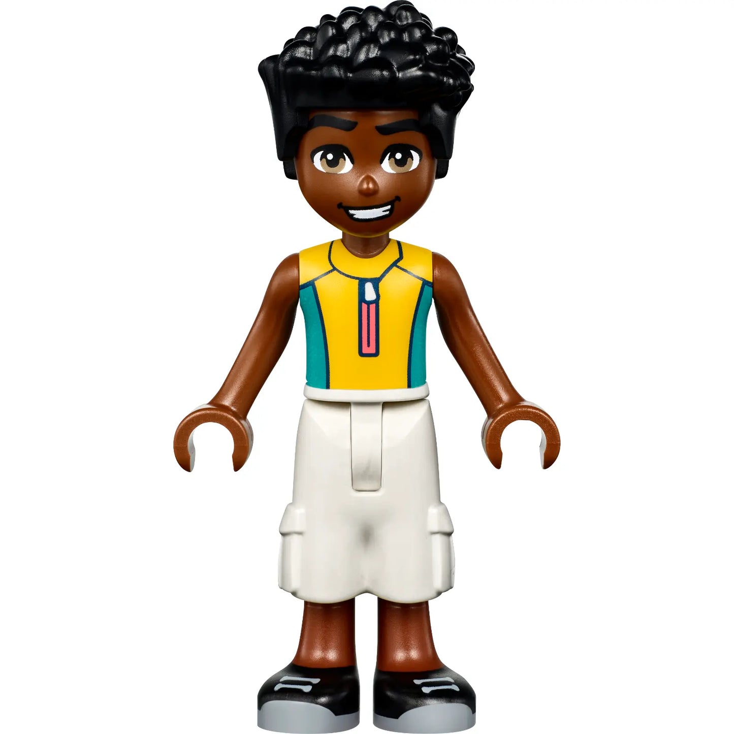 Minifig frnd646 - Friends Zac - Yellow and Dark Turquoise Wet Suit, Orange Life Jacket, White Trousers Cropped Large Pockets, Black Shoes