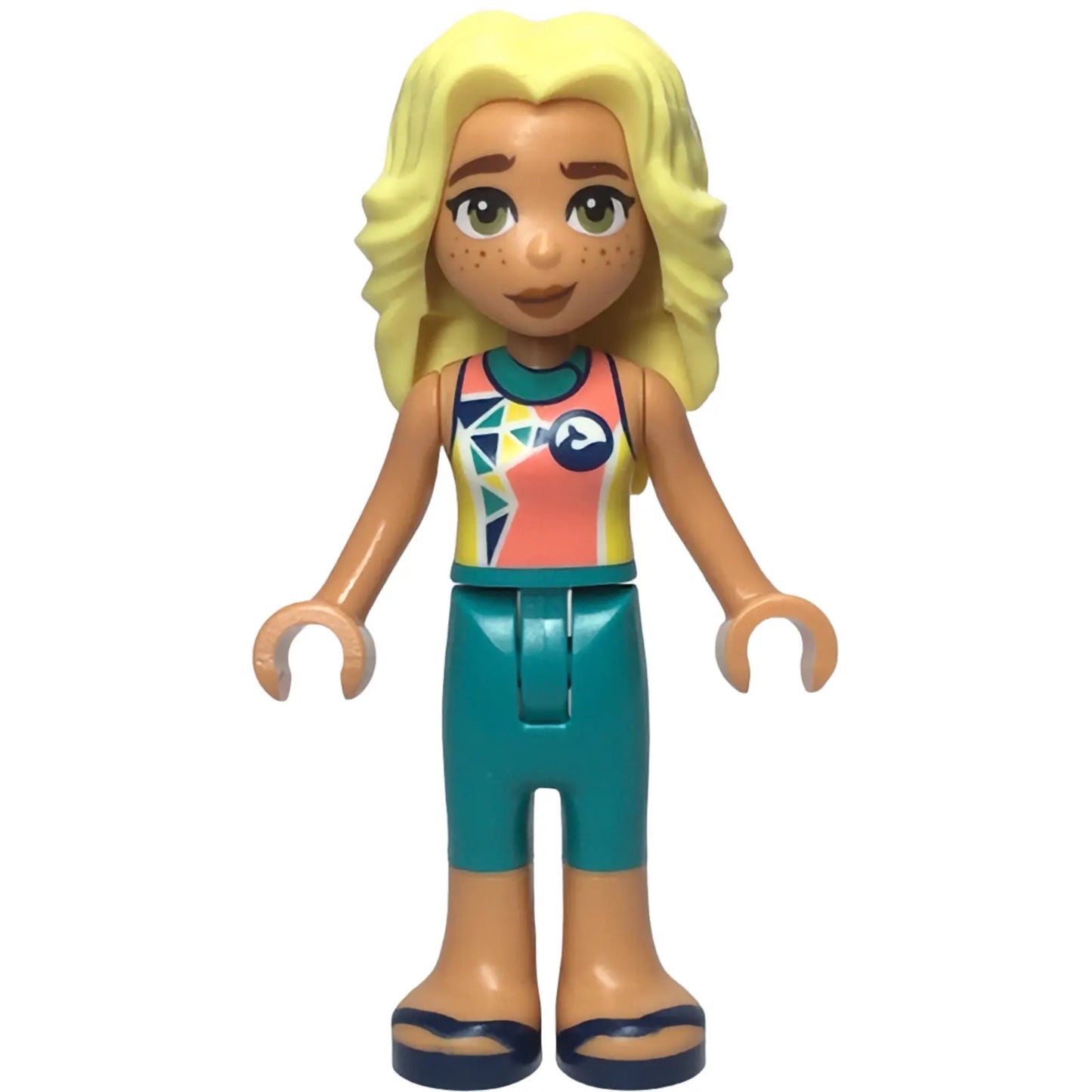 Minifig frnd647 - Friends Dia - Coral and Yellow Wetsuit with Dolphin / Whale Logo and Triangles, Dark Turquoise Trousers, Dark Blue Sandals