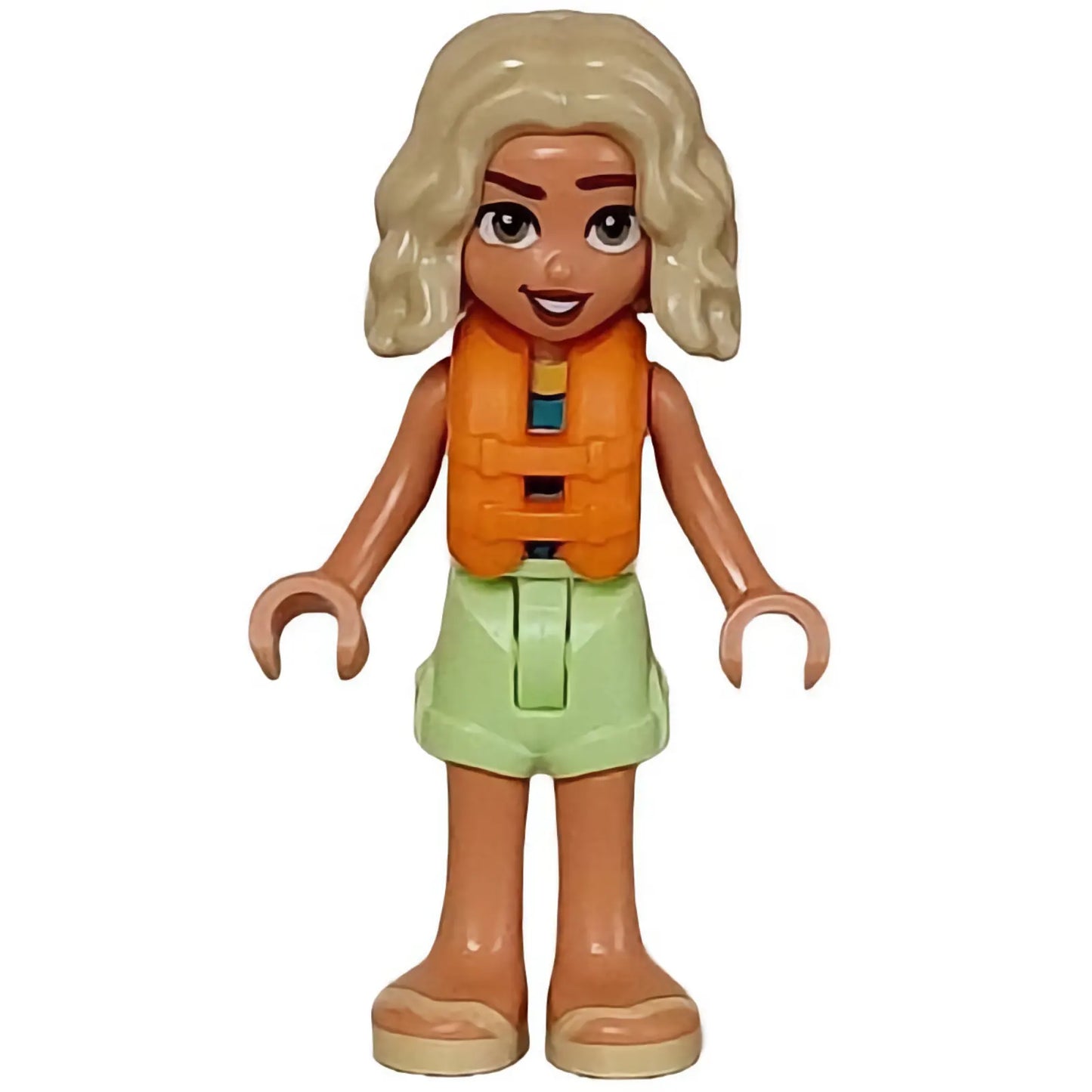 Minifig frnd648 - Friends Nova - Yellowish Green Shorts over Coral, Dark Turquoise and Dark Blue Swimsuit, Orange Life Jacket, Bright Light Yellow Sandals