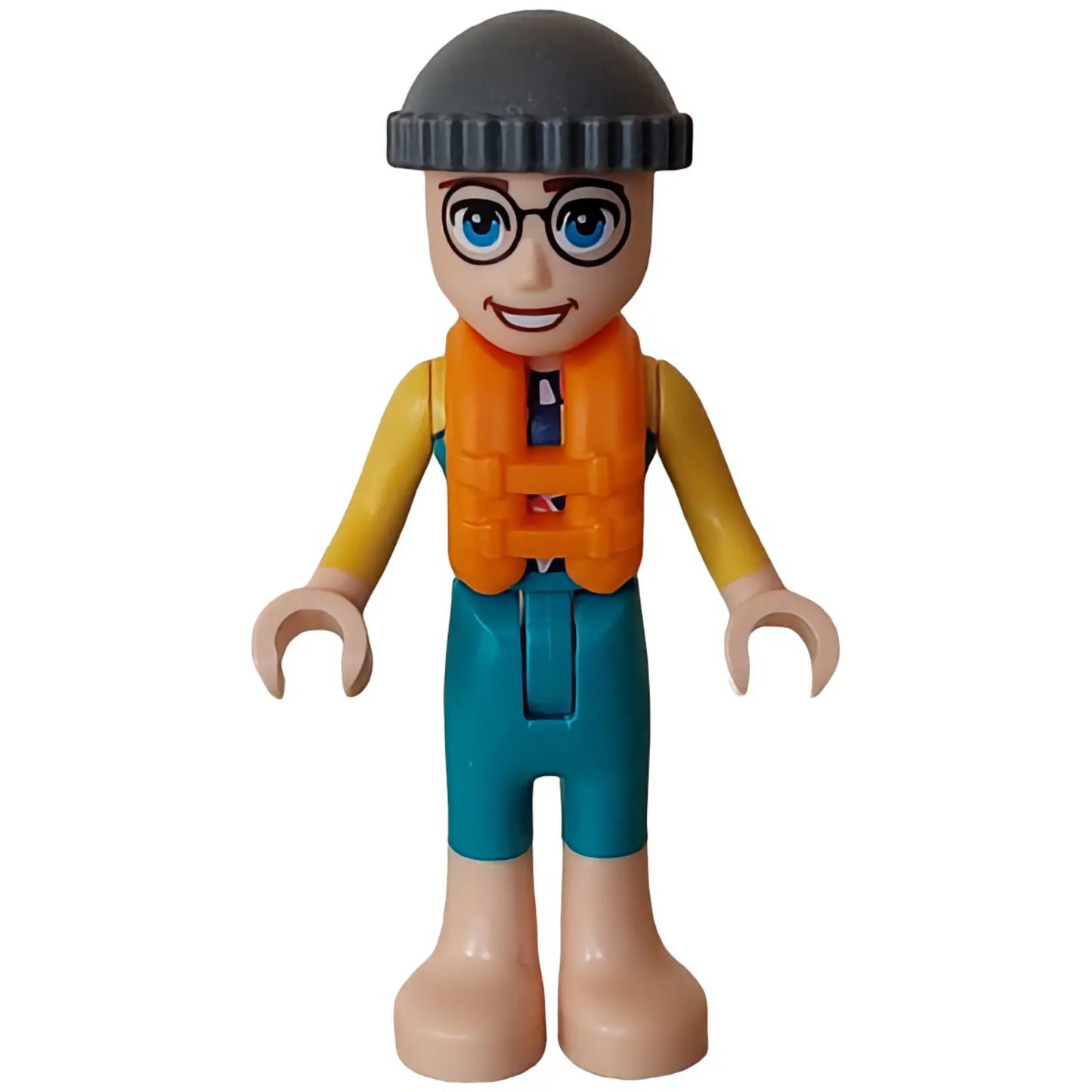 Minifig frnd649 - Friends Gunnar - Dark Turquoise and Yellow Wetsuit Long Sleeves, Dark Bluish Gray Knitted Cap, Orange Life Jacket, Bare Feet