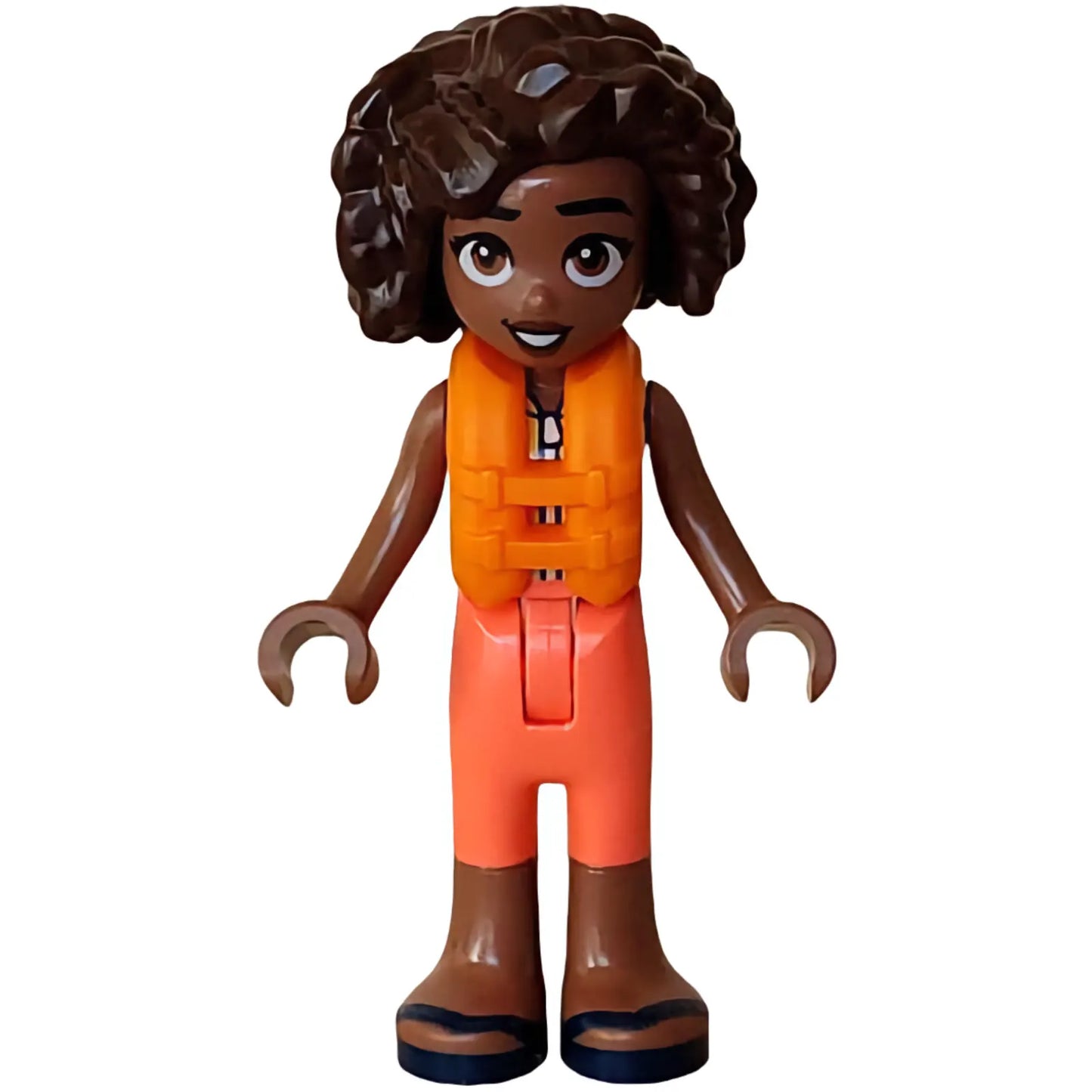 Minifig frnd651 - Friends Aliya - Coral and Yellow Sleeveless Wetsuit, Dark Turquoise Belt, Orange Life Jacket, Dark Blue Sandals