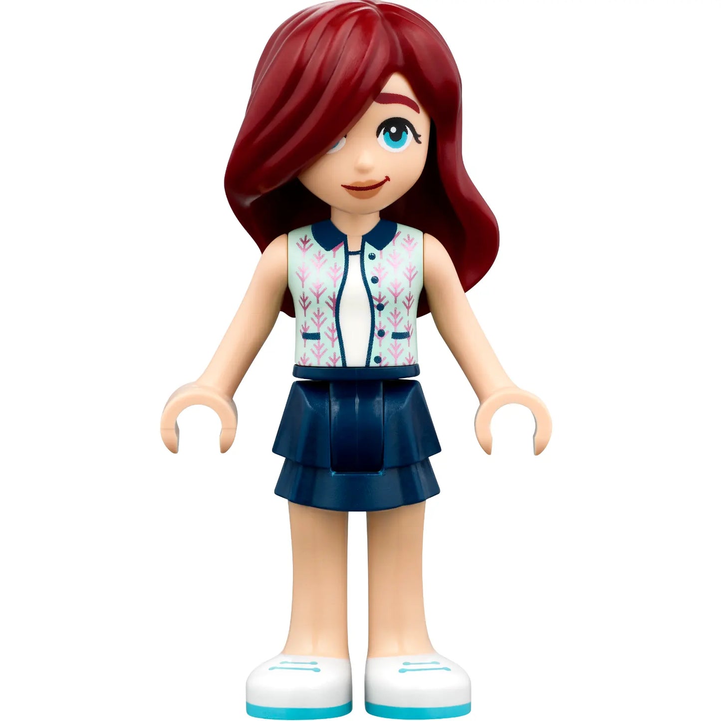 Minifig frnd652 - Friends Paisley - Light Aqua Vest, Dark Blue Skirt, White Shoes, Medium Azure Soles and Laces