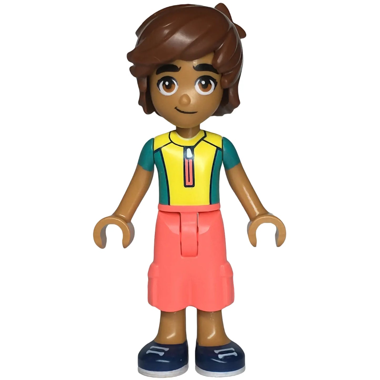 Minifig frnd654 - Friends Leo - Dark Turquoise and Yellow Wetsuit, Coral Trousers Cropped Large Pockets, Medium Nougat Legs, Dark Blue Shoes