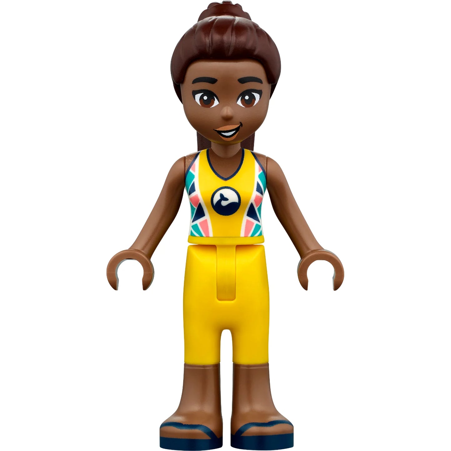 Minifig frnd655 - Friends Kayla - Yellow Sleeveless Wetsuit, Yellow Trousers Cropped Large Pockets, Medium Brown Legs, Dark Blue Sandals