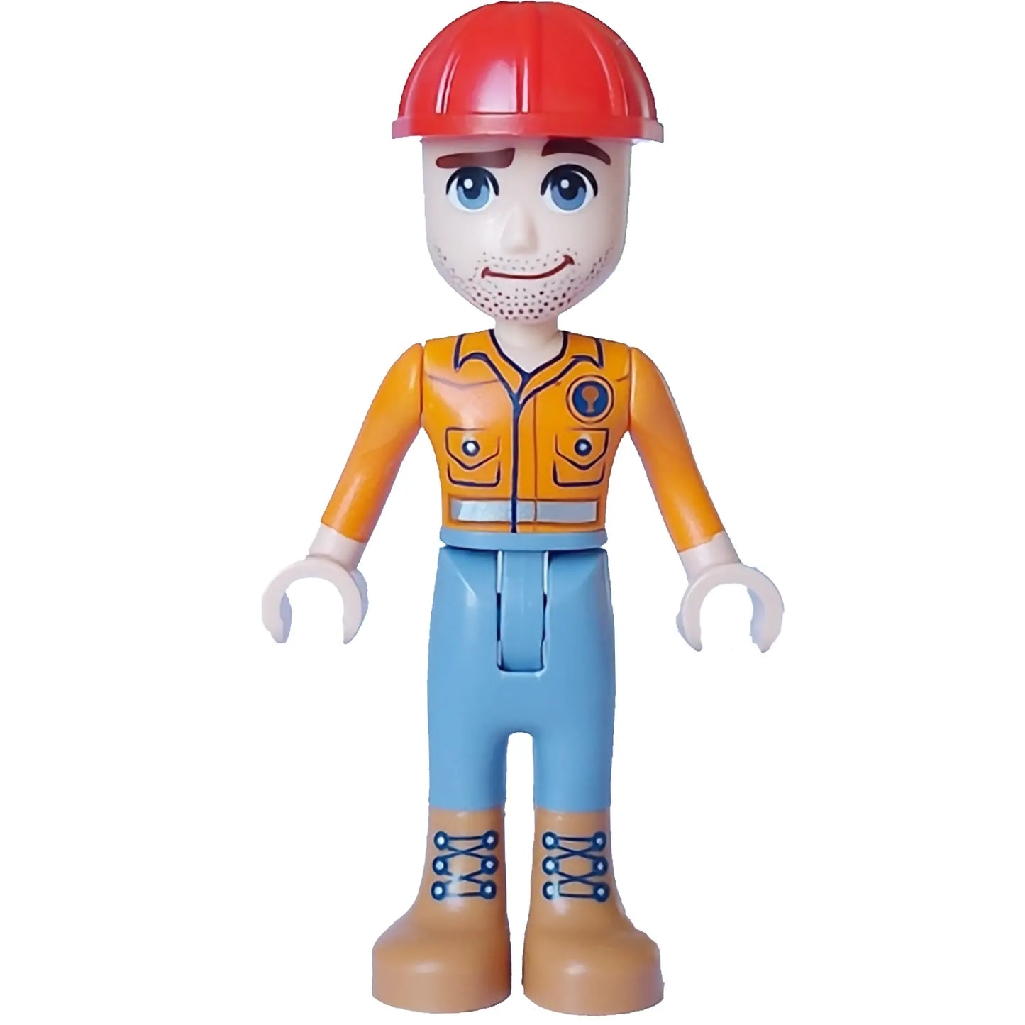Minifig frnd657 - Friends Darrel - Orange Safety Shirt, Sand Blue Legs, Medium Nougat Boots, Red Construction Helmet
